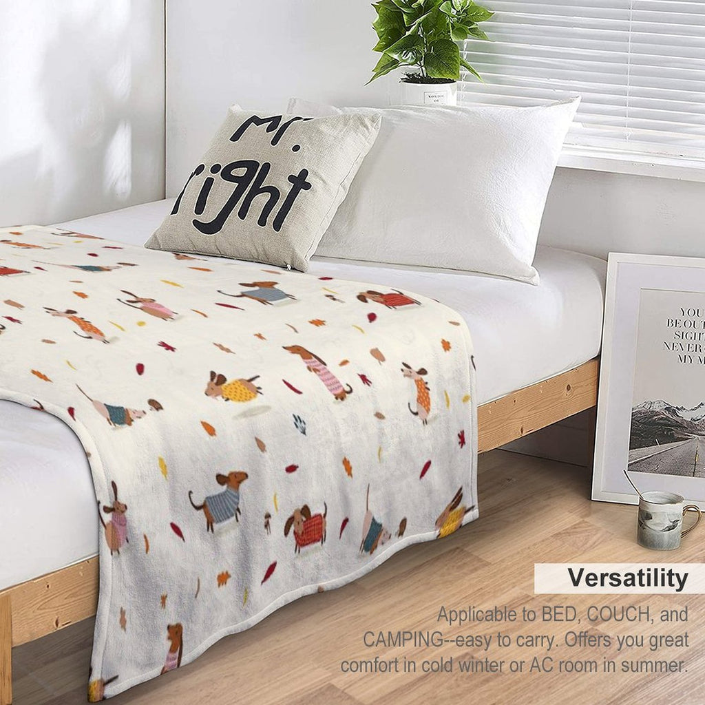 Cute Dachshunds in Winter Sweaters with Autumn Leaves Comfort Throw Blanket