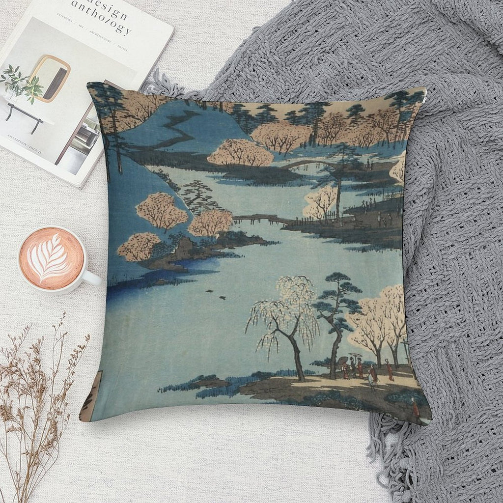Vintage 1800's Japanese River Landscape Art Soft Gift Ready Throw Pillow