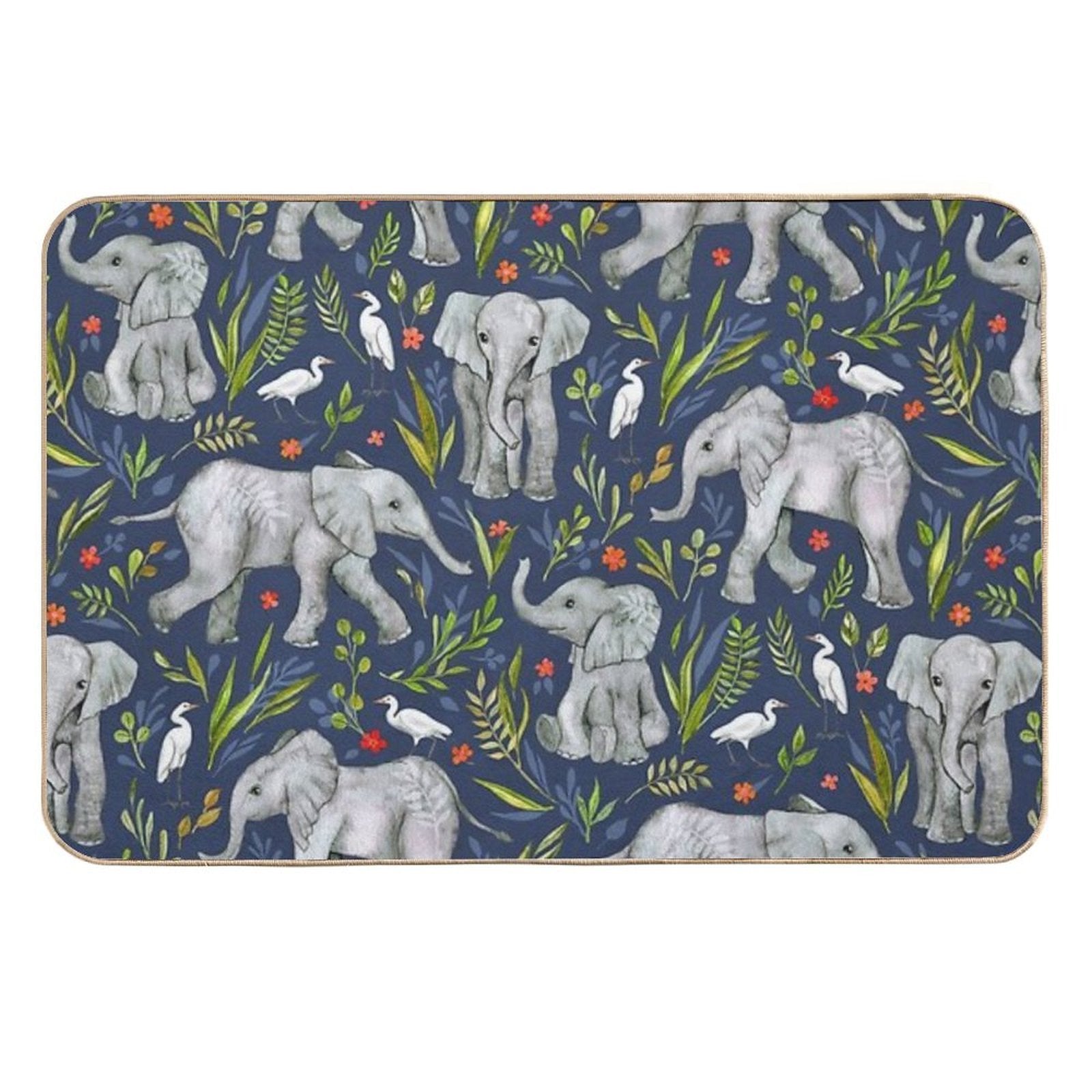 Baby Elephants And Egrets in Watercolor - Navy Blue  Odorless Bath Mat