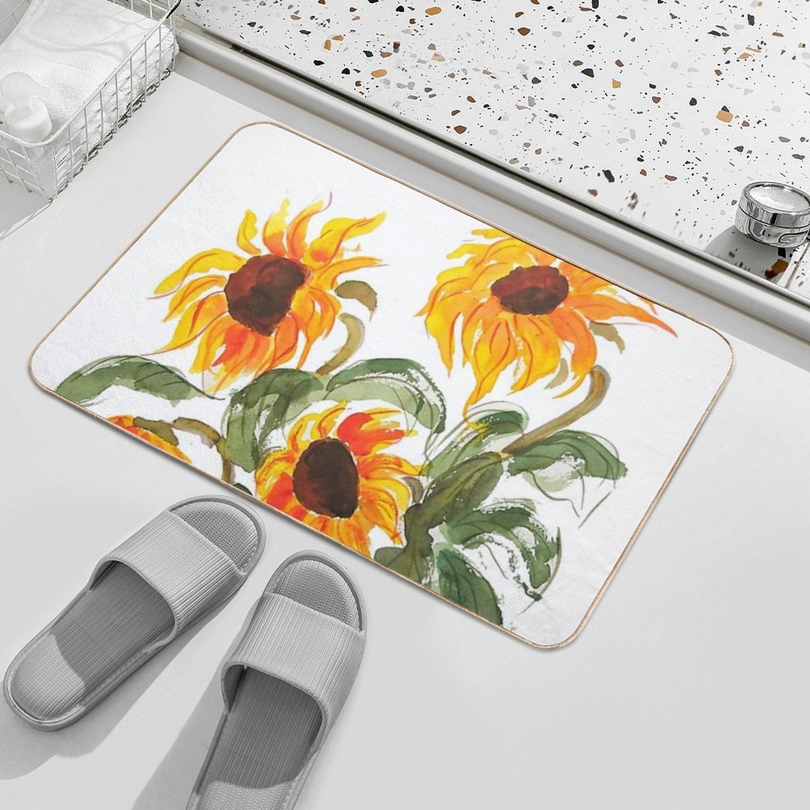 Hand Painted Sunflower Watercolor 2018  Easy Maintenance Bath Mat
