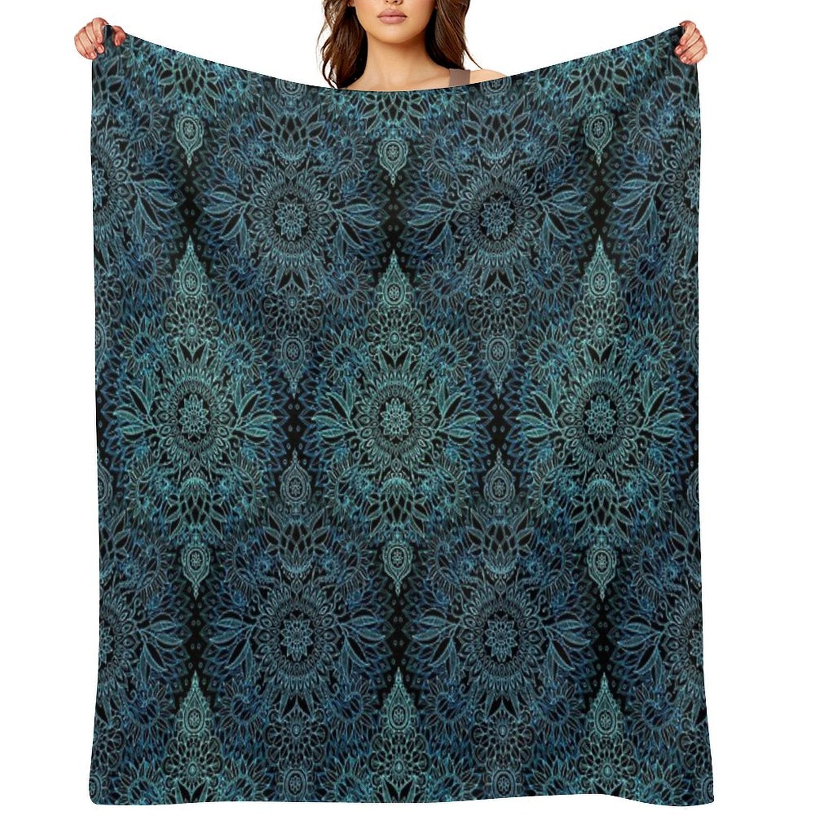 Black, Teal & Aqua Protea Doodle Pattern Multi-functional Throw Blanket