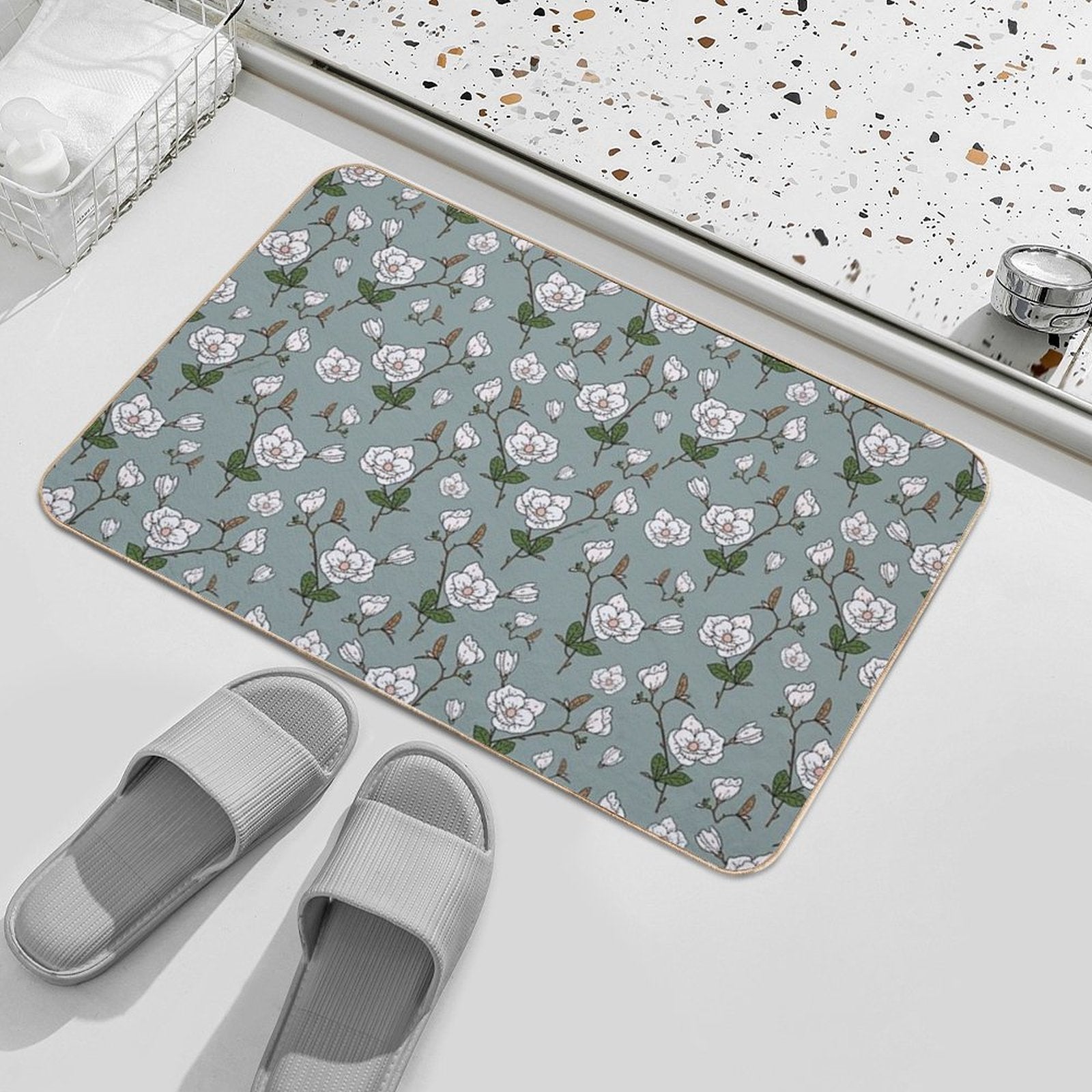 Botanical Magnolia Sprig Pattern_Sage  Dirt-Trapping Bath Mat