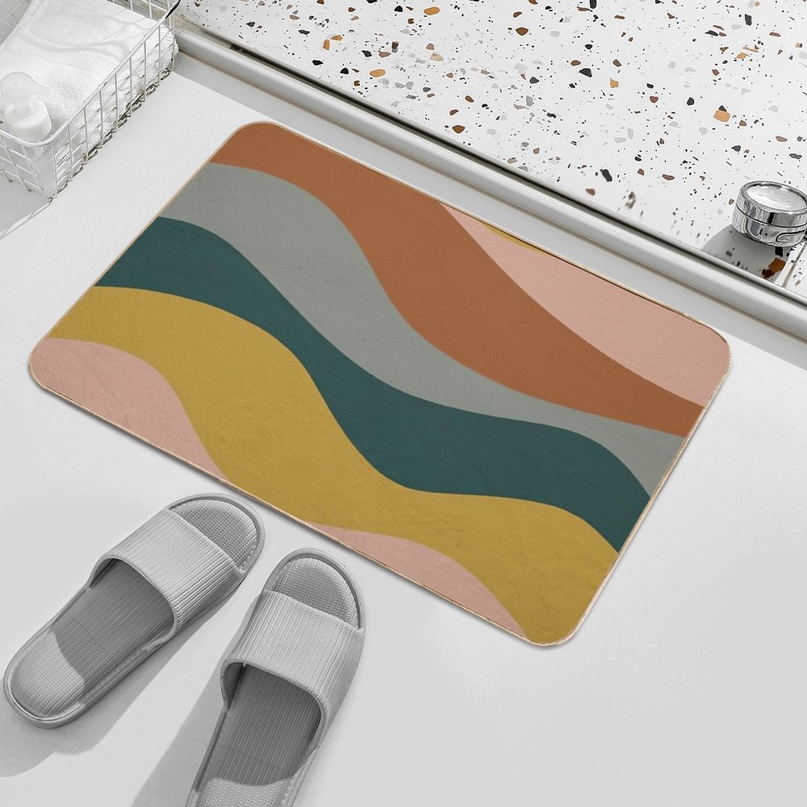 Retro Waves Minimalist Pattern Rust, Blush Pink, Gray, Navy Blue, And Mustard Gold  Dirt-Trapping Bath Mat