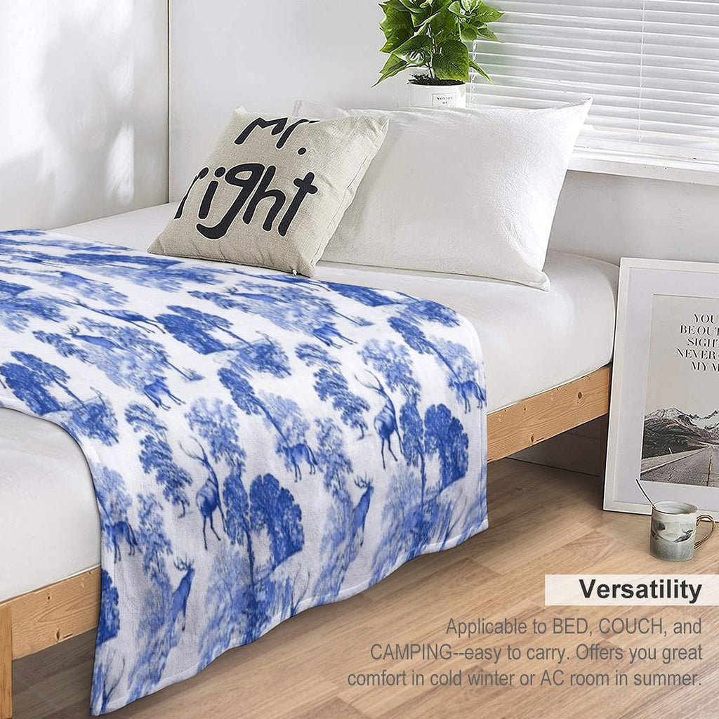 Elegant Vintage Blue Toile Deer in Woodland Quick-dry Throw Blanket