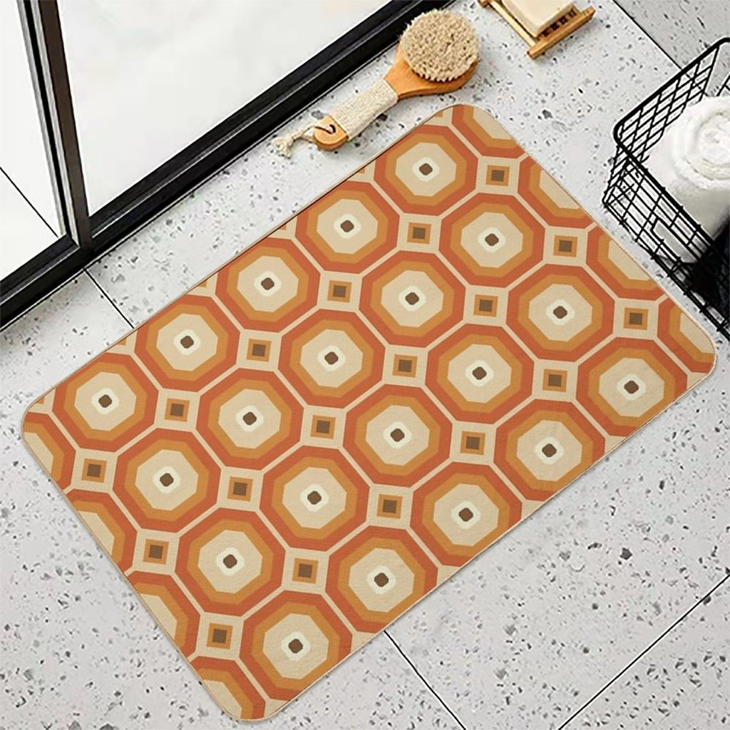 Brown, Orange And Ivory Geometric Retro Octagon Pattern  Easy To Clean Bath Mat
