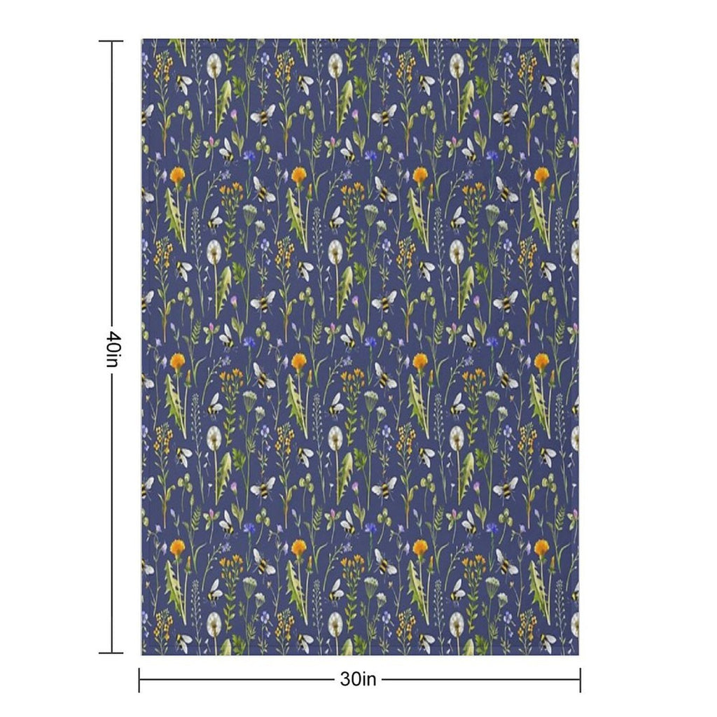 Bees And Wildflowers  Dark Blue Machine-washable Throw Blanket
