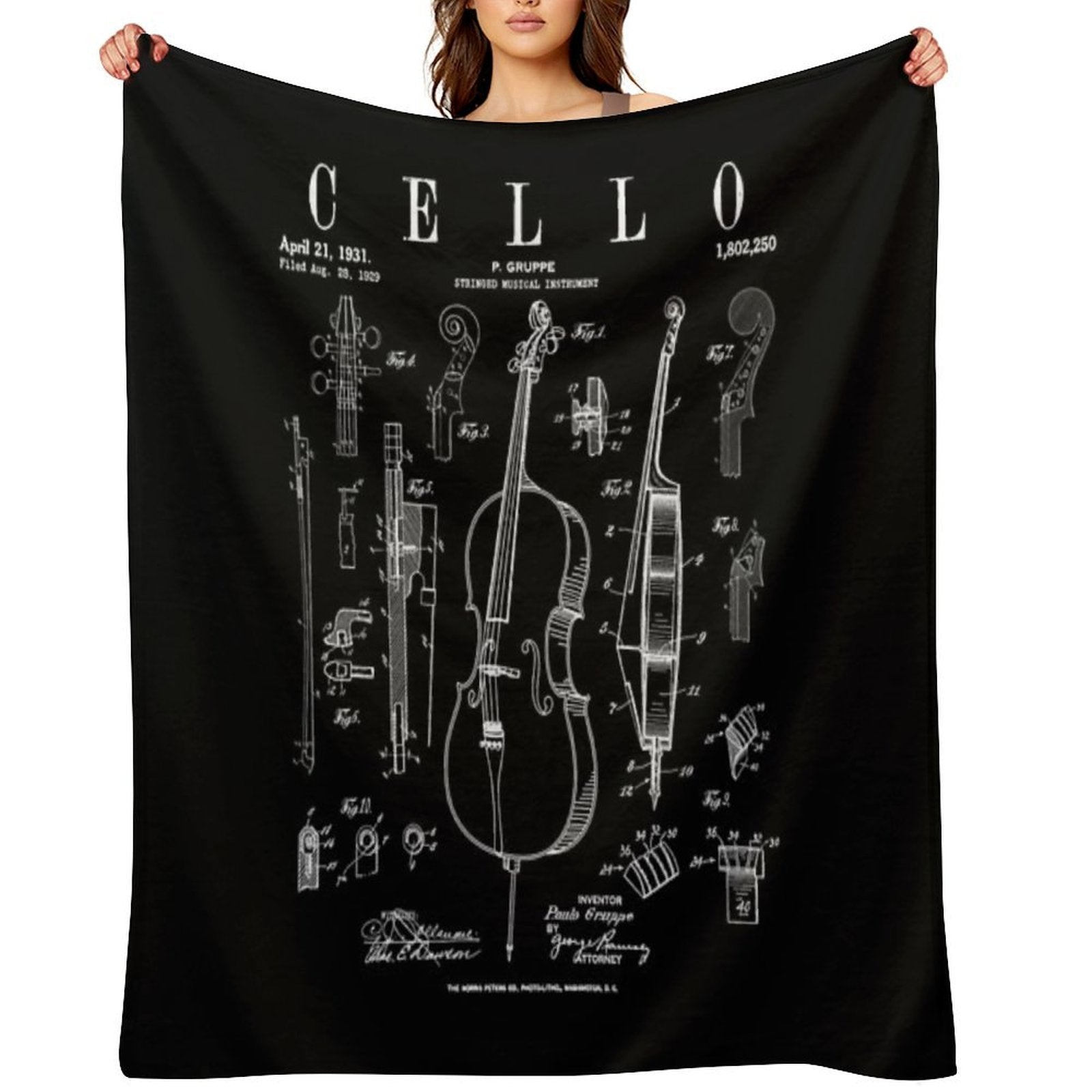 Cello Vintage Patent Cellist Drawing Print Multi-functional Throw Blanket