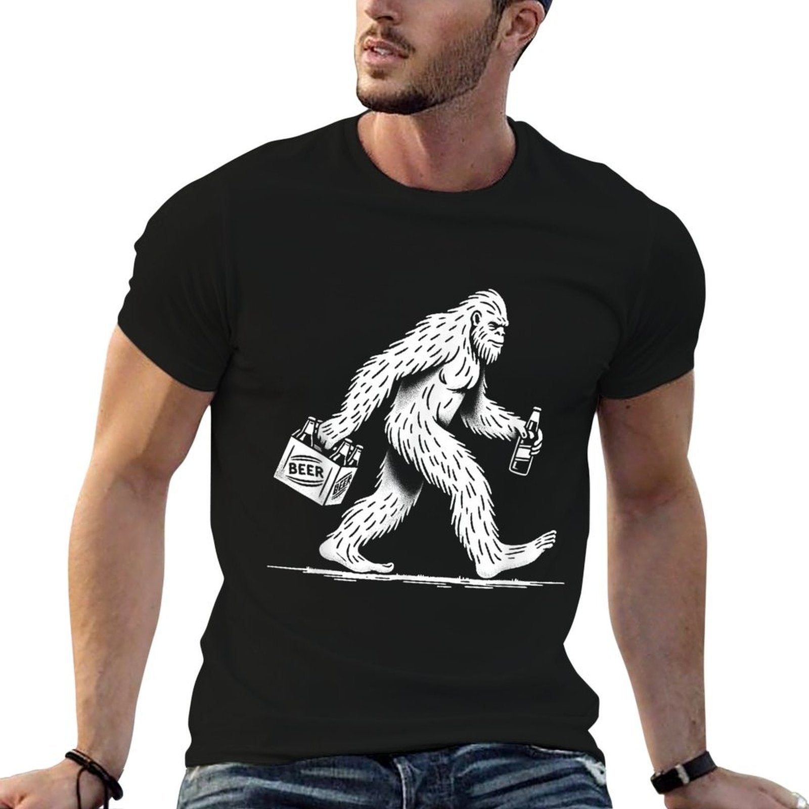 Retro Bigfoot Drinking Beer – Funny Sasquatch  Easy-care T-Shirt