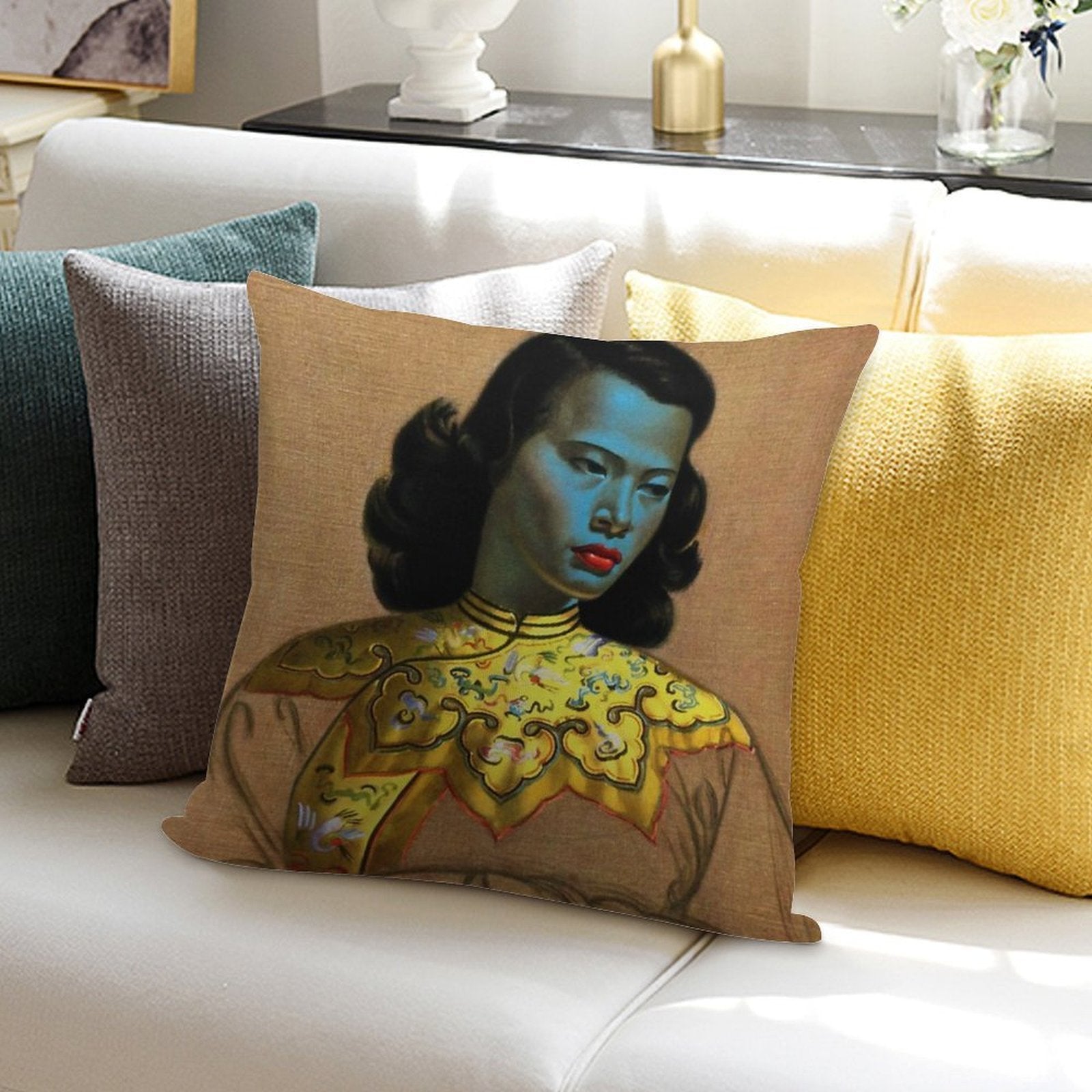Vladimir Tretchikoff Vintage Painting, Famous Art Reproduction, Asian Fashion Illustration Soft Luxury Feel Throw Pillow