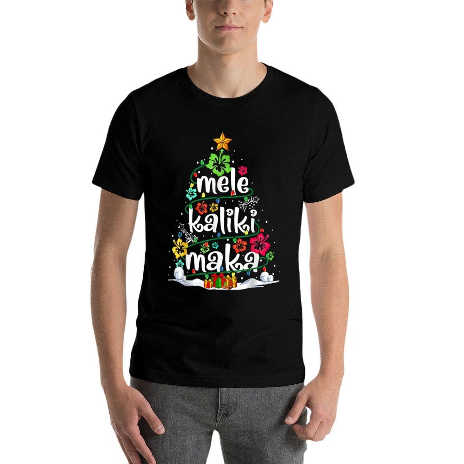 Hawaiian Floral Christmas Tree Mele Kalikimaka Tropical Xmas  Oversized Silhouette T-Shirt