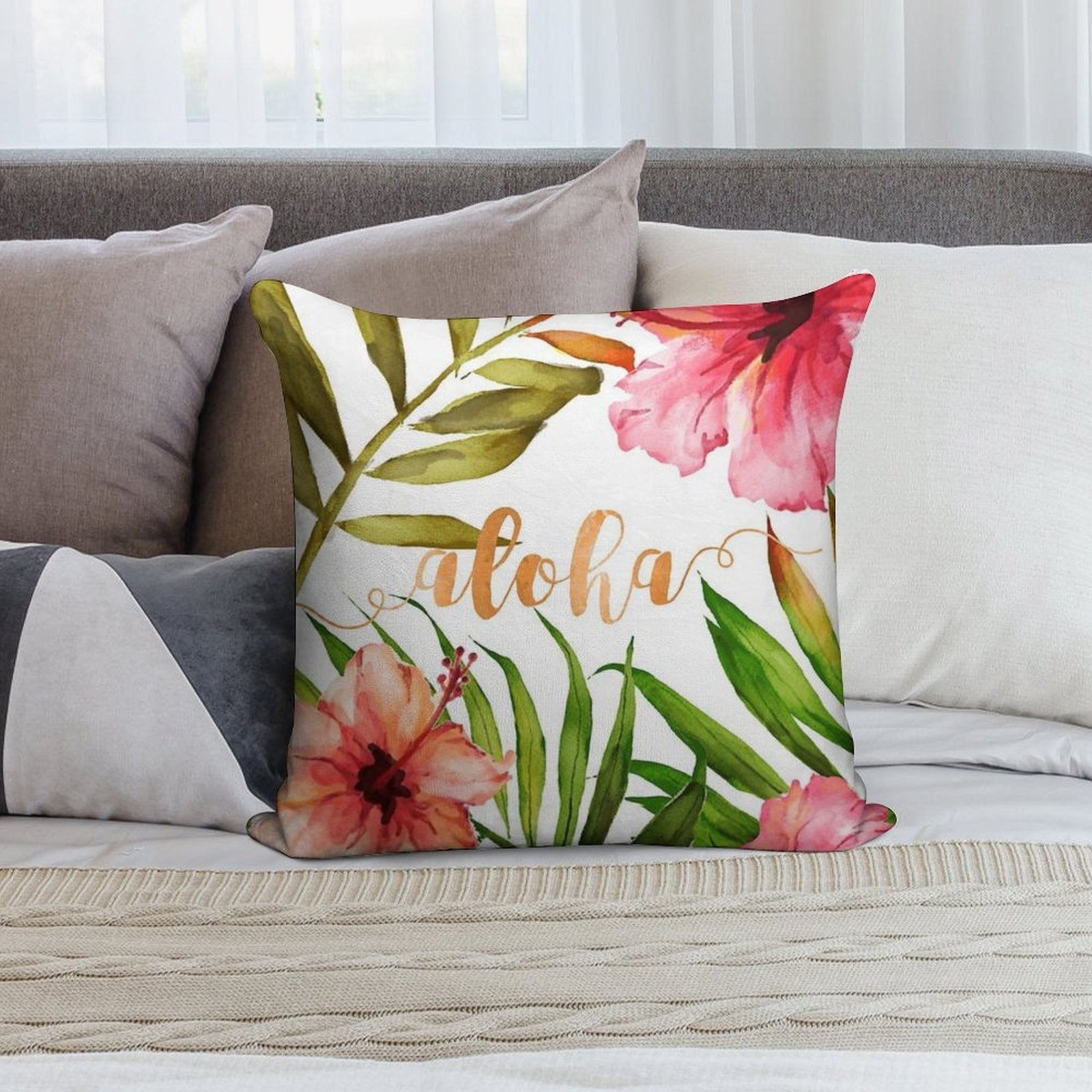 Aloha Tropical Hawaiian Floral Watercolor Soft Luxury Feel Throw Pillow