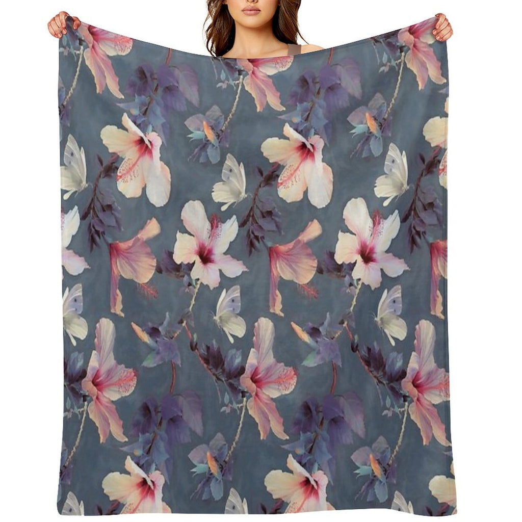Butterflies And Hibiscus Flowers - A Painted Pattern Plush Throw Blanket