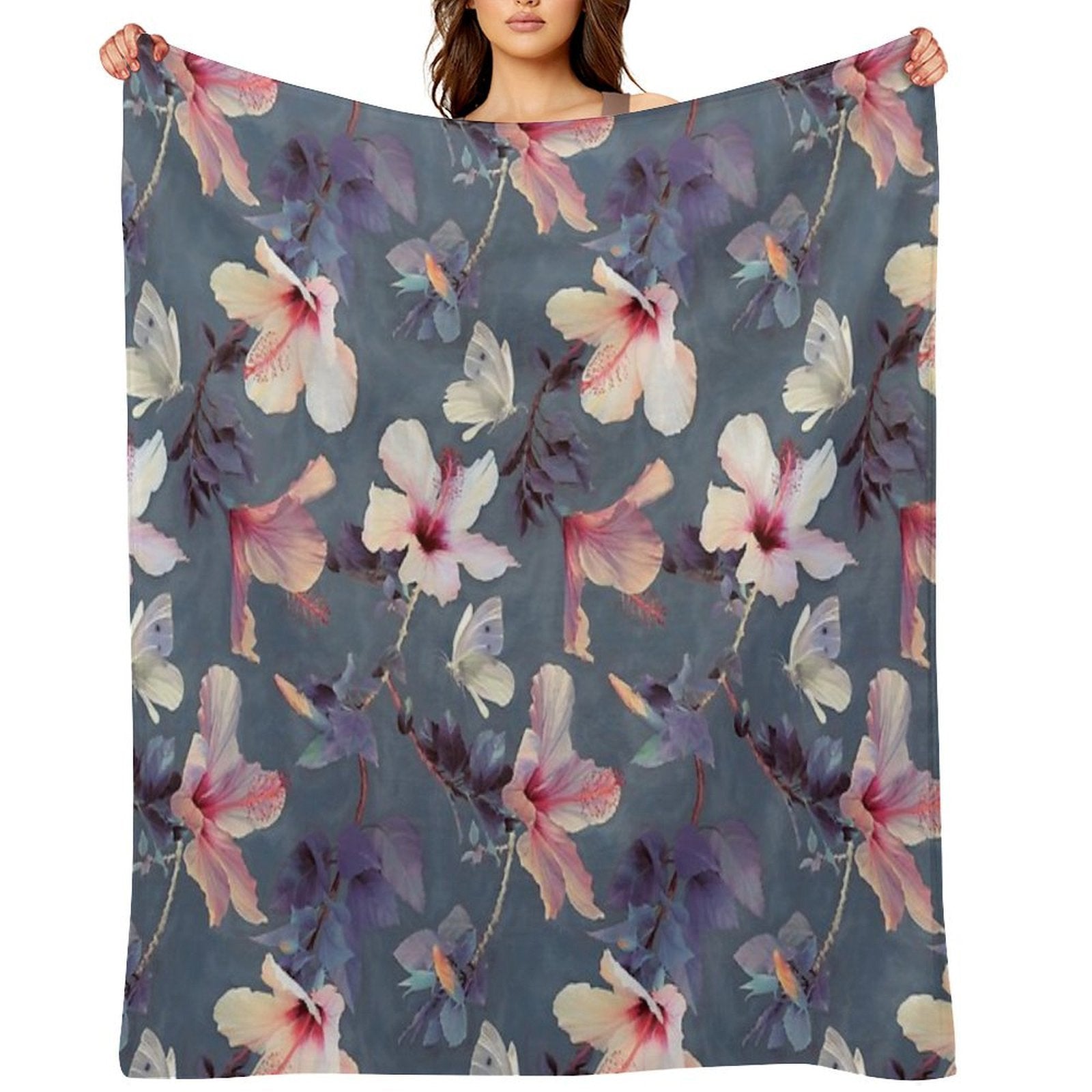 Butterflies And Hibiscus Flowers - A Painted Pattern Plush Throw Blanket