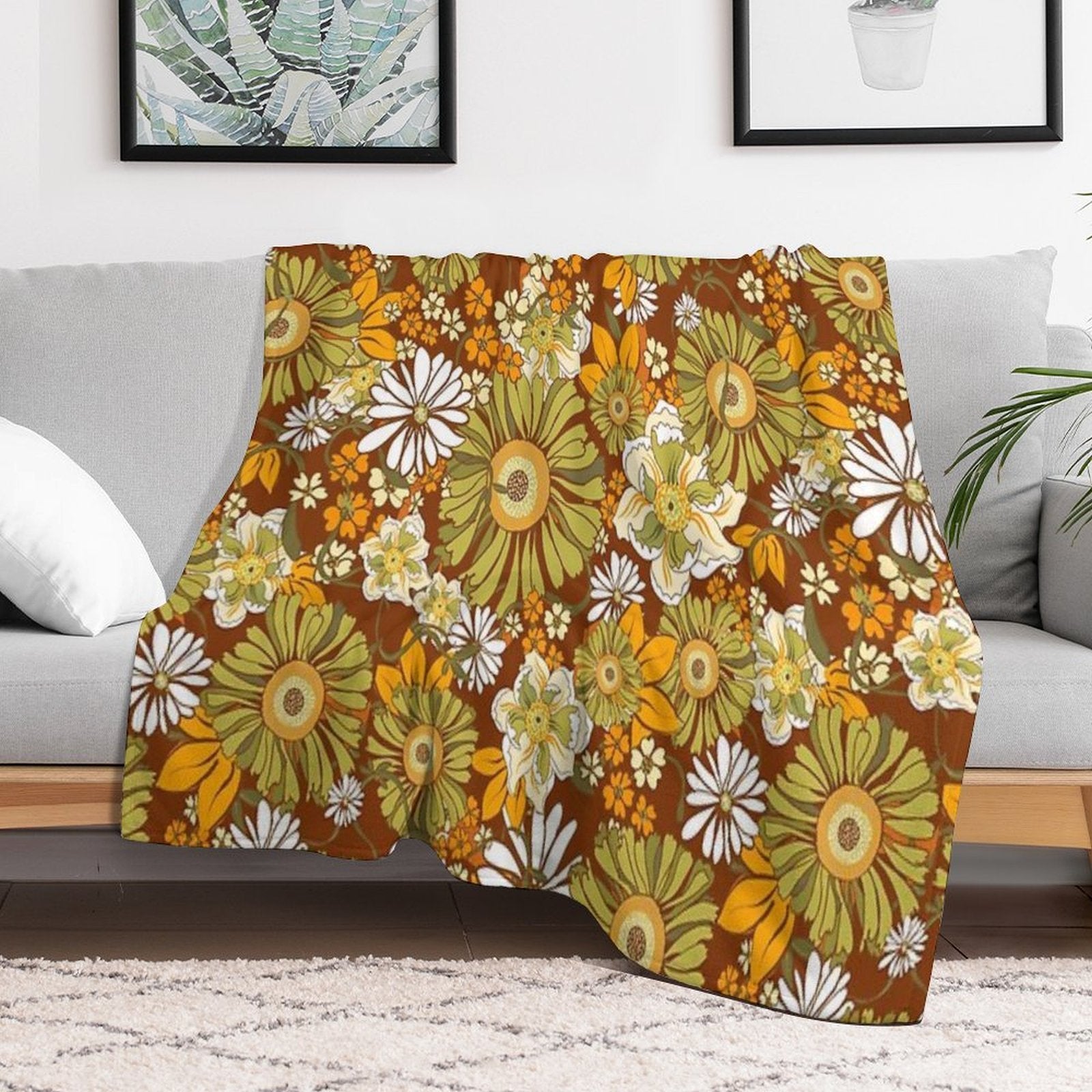 70s Retro Vintage Flower Power Pattern Boho, Orange, Brown, Sustainable Throw Blanket