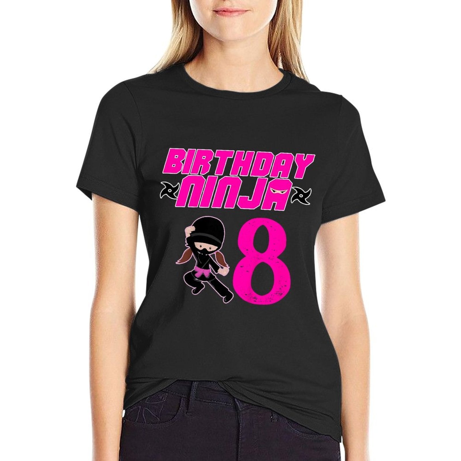Kids Cute Ninja Girl Birthday 8 Year Old  Rolled Sleeves T-Shirt