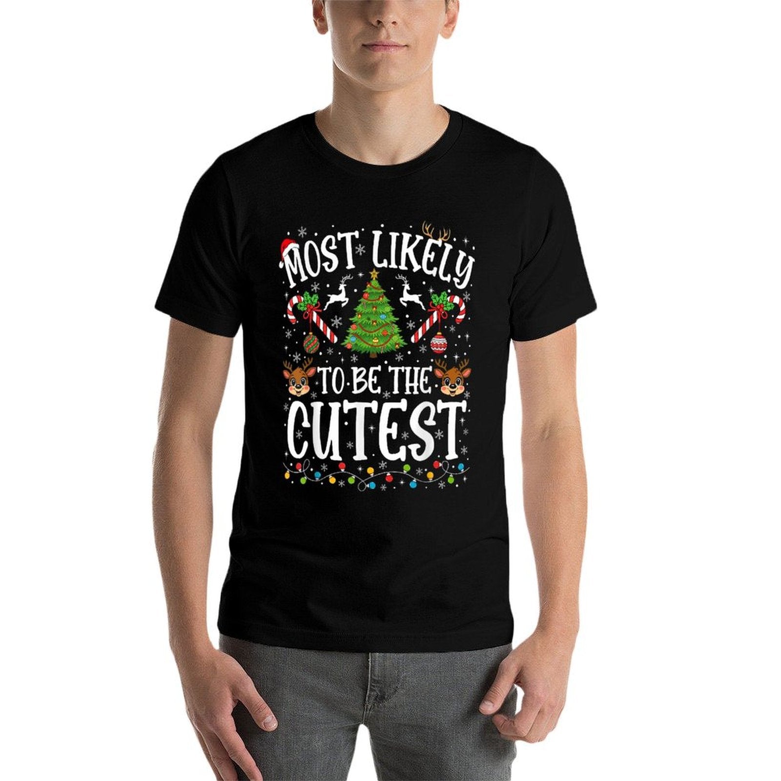 Most Likely to Be The Cutest Christmas Matching Family Funny  Ribbed Collar T-Shirt