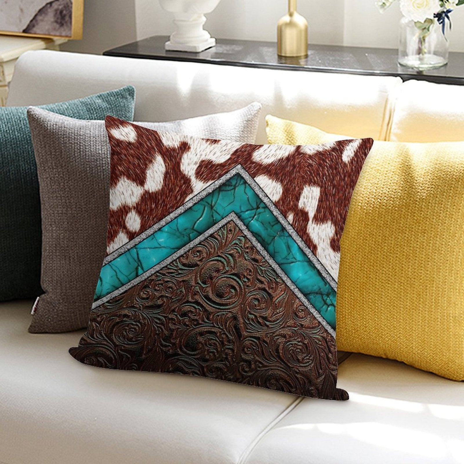 Western Cowgirl Pattern Cowhide Turquoise And Tooled Leather Soft Skin-Friendly Throw Pillow