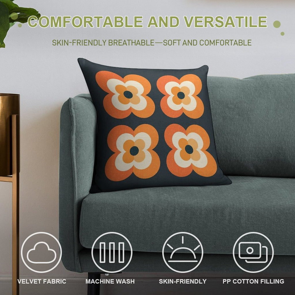 Retro Flowers - Orange And Charcoal Soft Easy Maintenance Throw Pillow