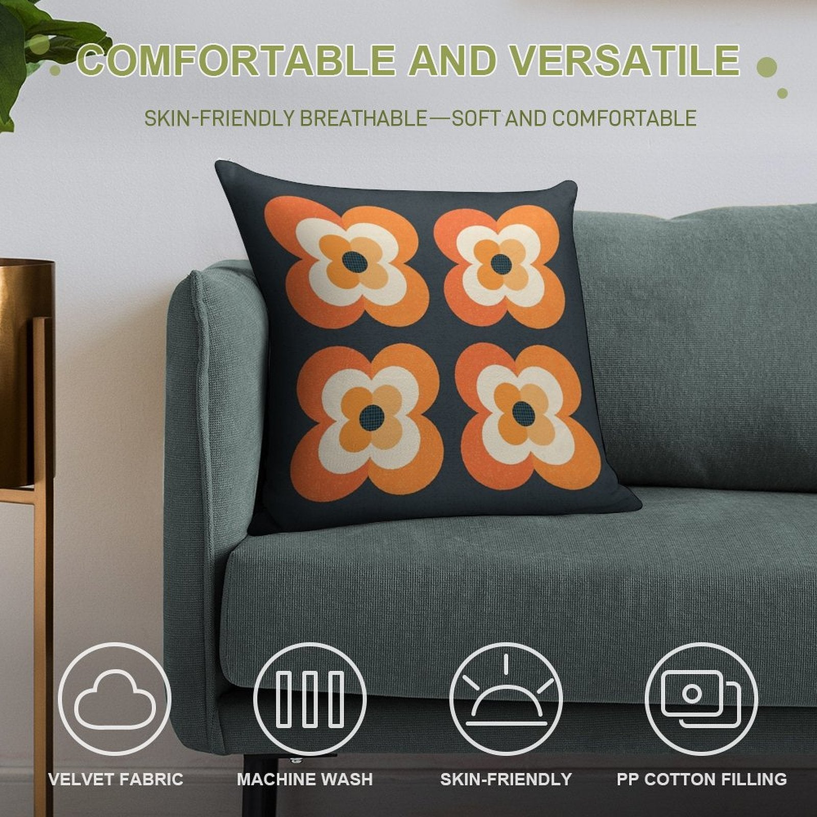Retro Flowers - Orange And Charcoal Soft Easy Maintenance Throw Pillow