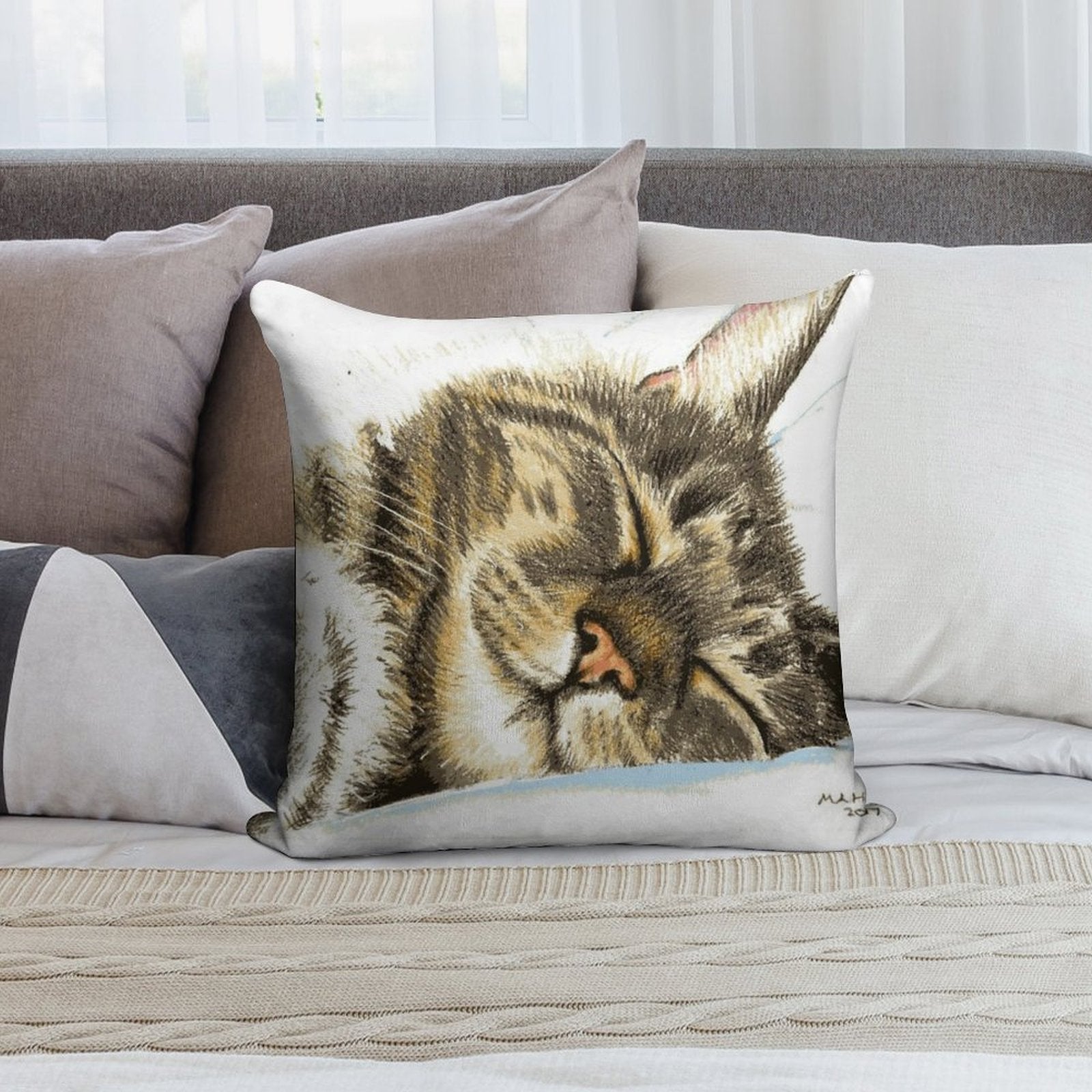 Sleeping Tabby Cat Soft Washable Throw Pillow