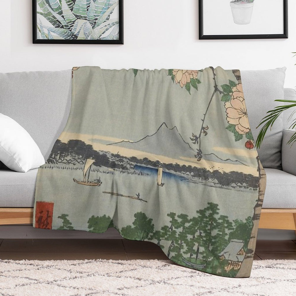 Cherry Blossoms on Spring River Ukiyo-e Japanese Art Gift-ready Throw Blanket