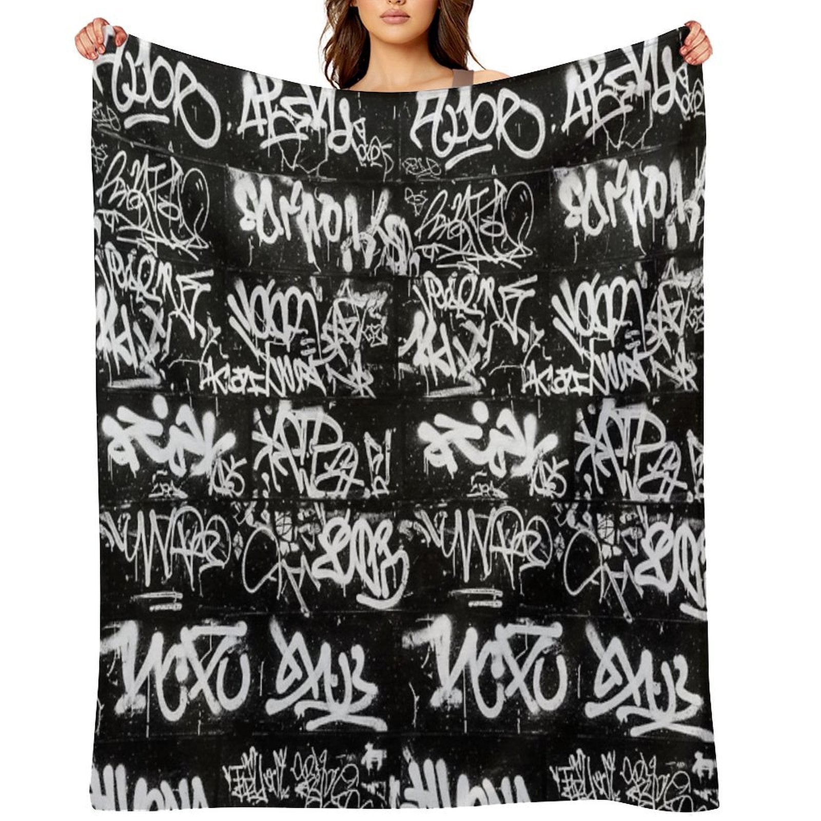 White Graffiti Tags on Black Wall Mural Durable Throw Blanket
