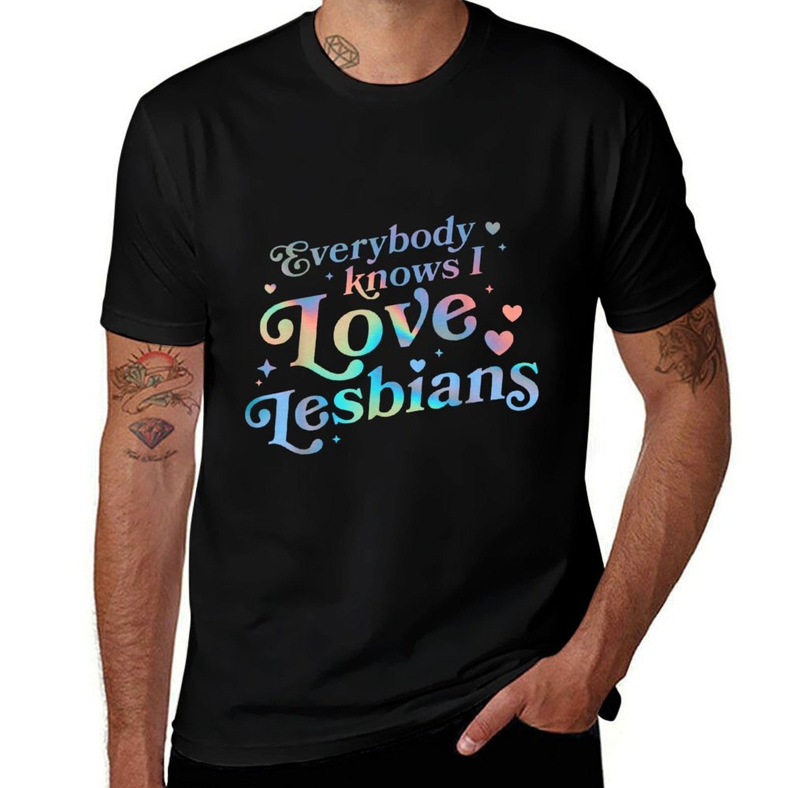 Gay Pride LGBTQ Ally LGBT Men Women Everybody Knows I Love Lesbians Heart LGBT Pride - Unisex-Adults, Black, Small,,  Affordable Price T-Shirt