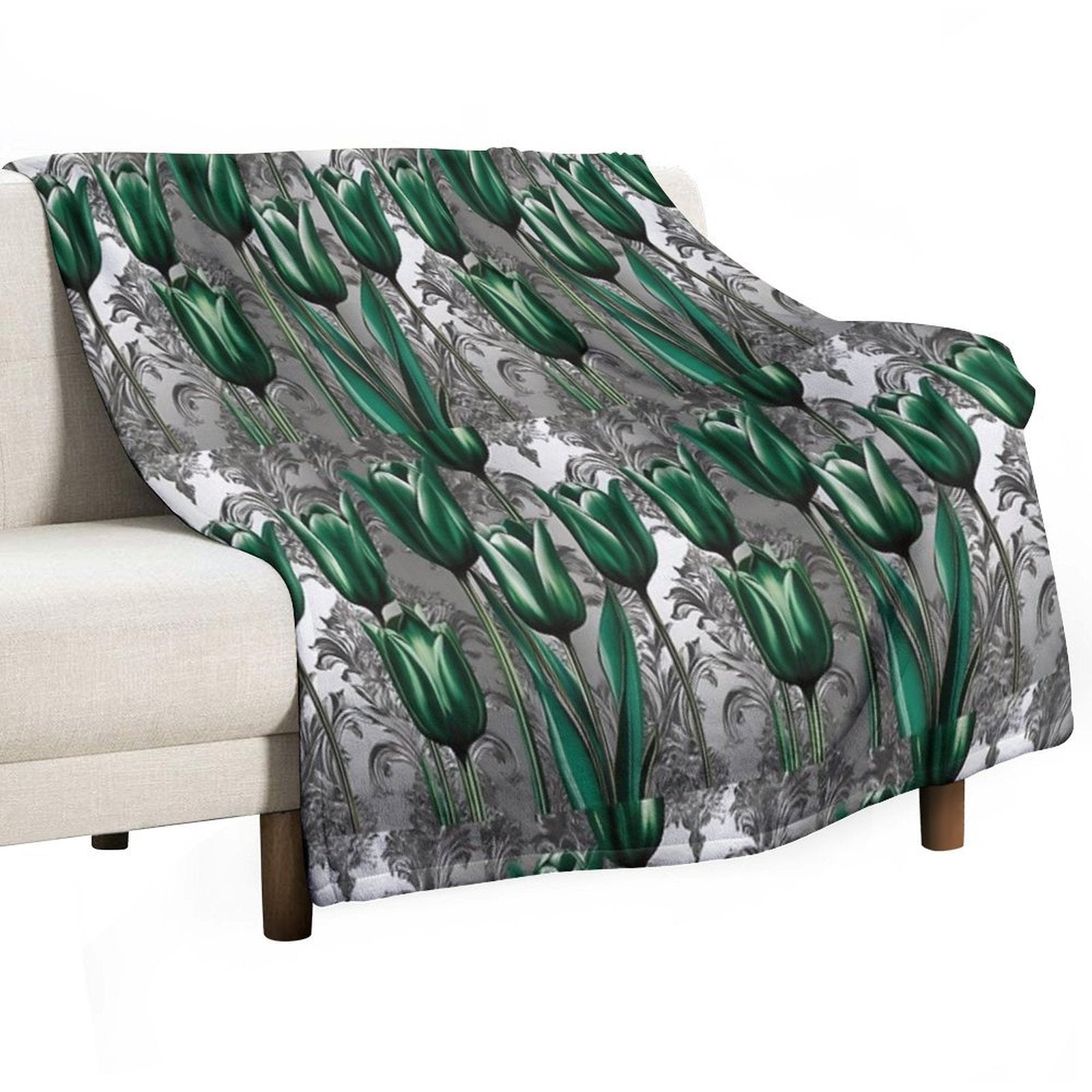 Emerald Green Tulips with Silver Baroque Compact Throw Blanket