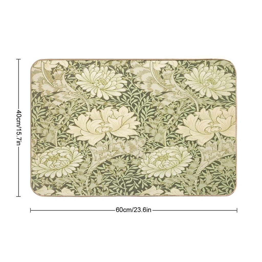 William Morris Vintage Green And White Chrysanthemum Floral Pattern  Non-Slip Bath Mat