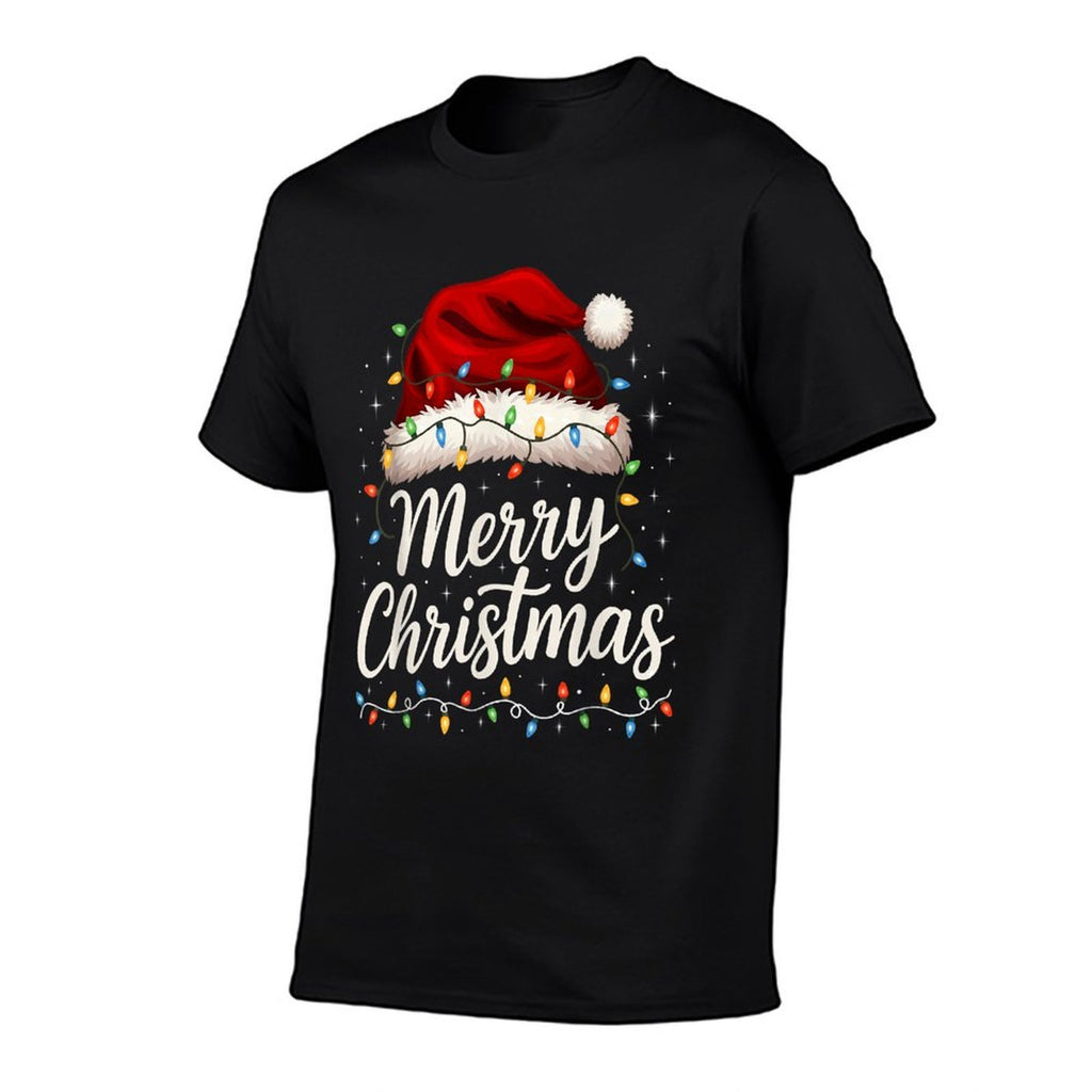 Merry Christmas Lights Red Santa Hat Xmas Family Men Women  Cotton T-Shirt