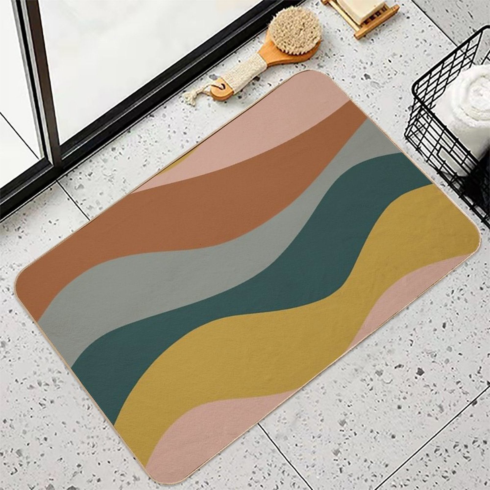 Retro Waves Minimalist Pattern Rust, Blush Pink, Gray, Navy Blue, And Mustard Gold  Dirt-Trapping Bath Mat