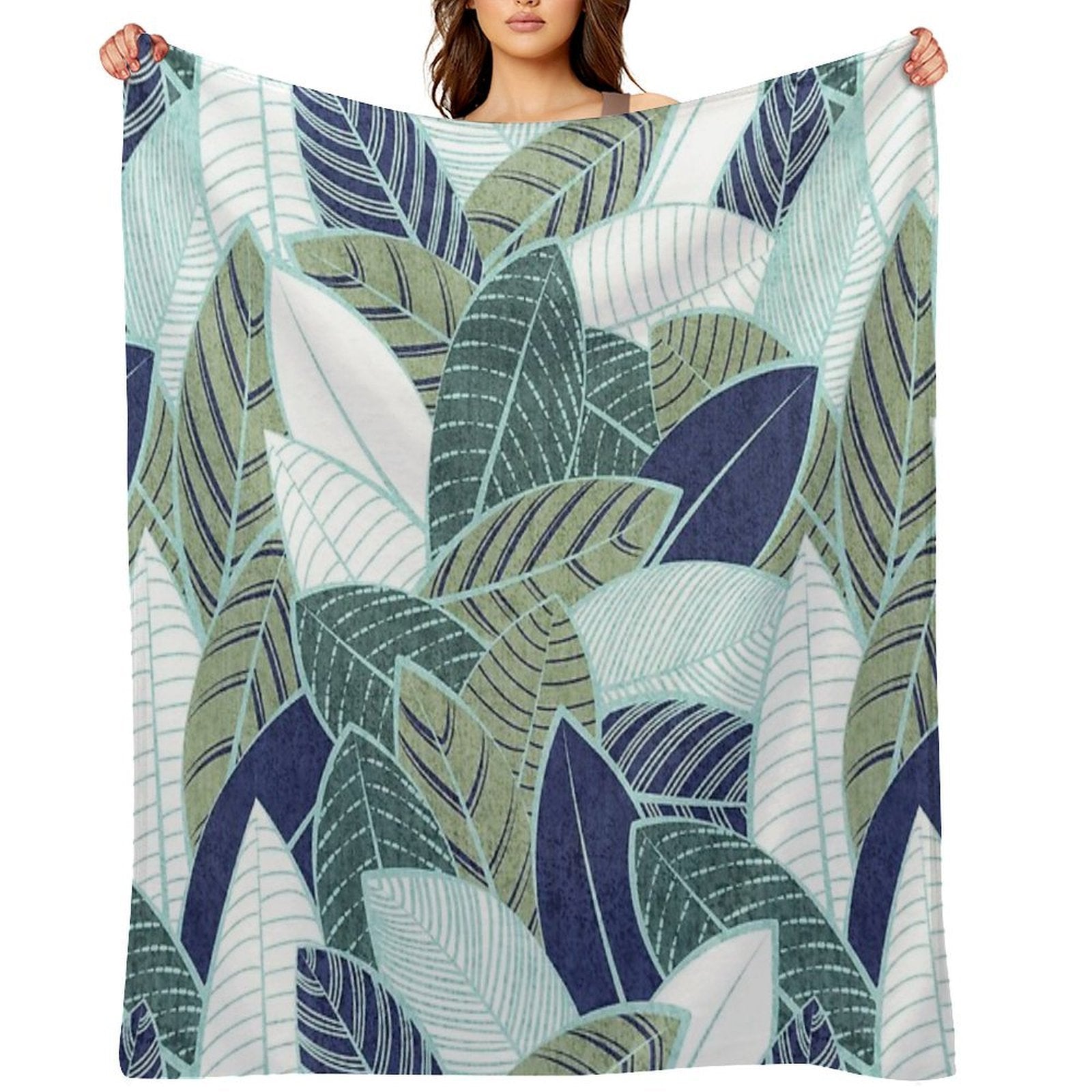 Leaf Wall  Navy Blue Pine And Sage Green Leaves Mint Lines Anti-pilling Throw Blanket