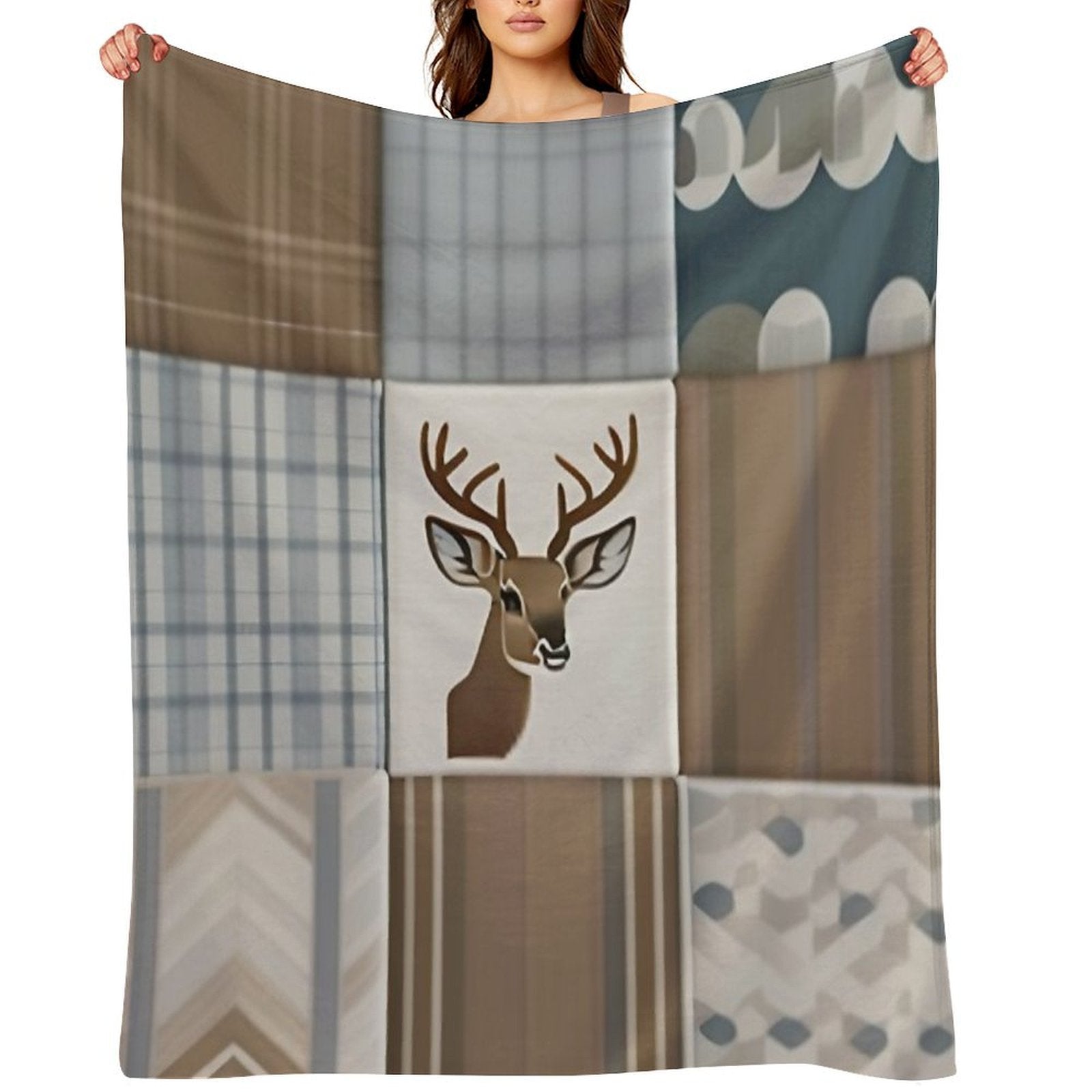 Deer Patchwork - Rustic Neutrals Travel-friendly Throw Blanket