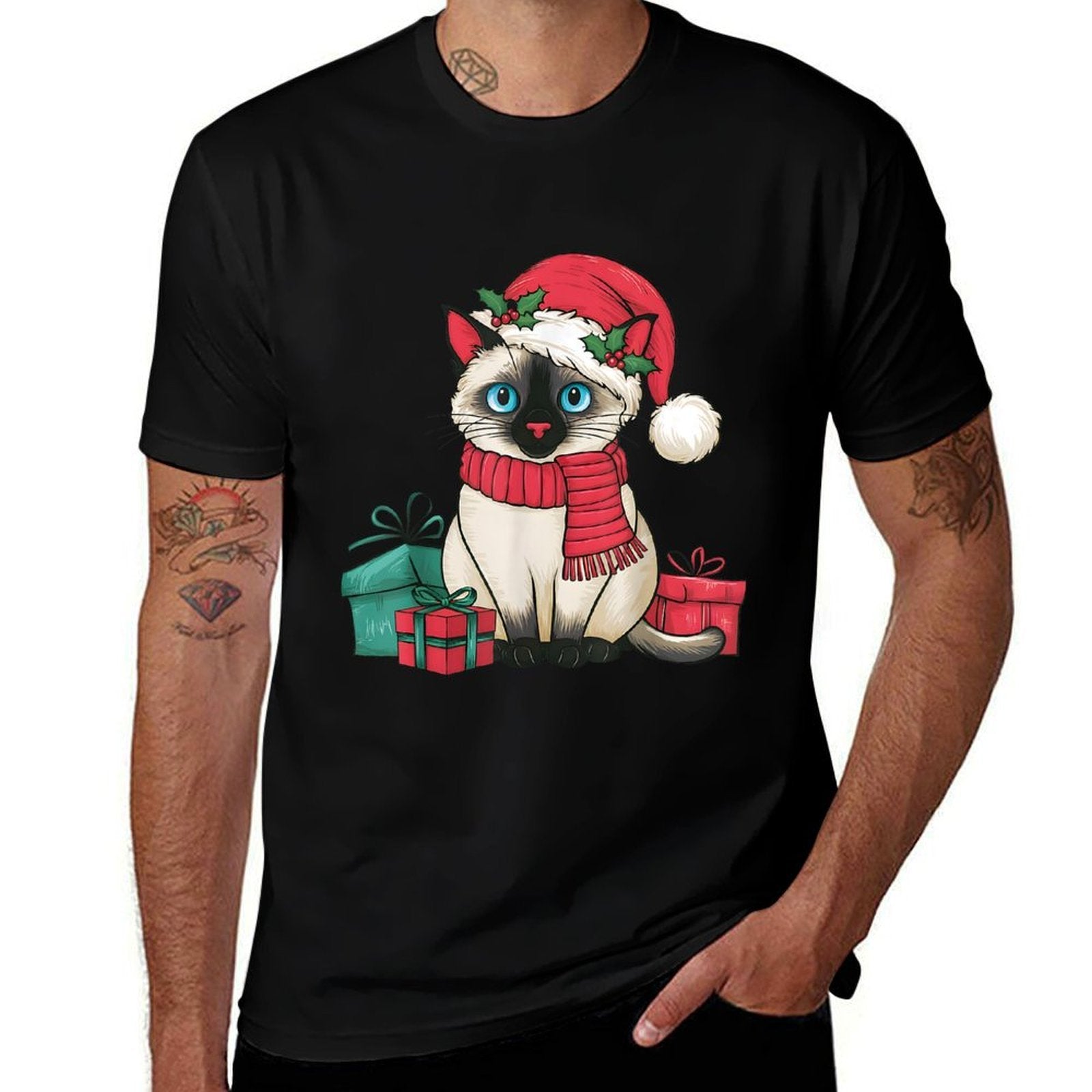 Siamese Cat Xmas Holiday Santa Siamese Cat Christmas Men Women Kids  Rolled Sleeves T-Shirt