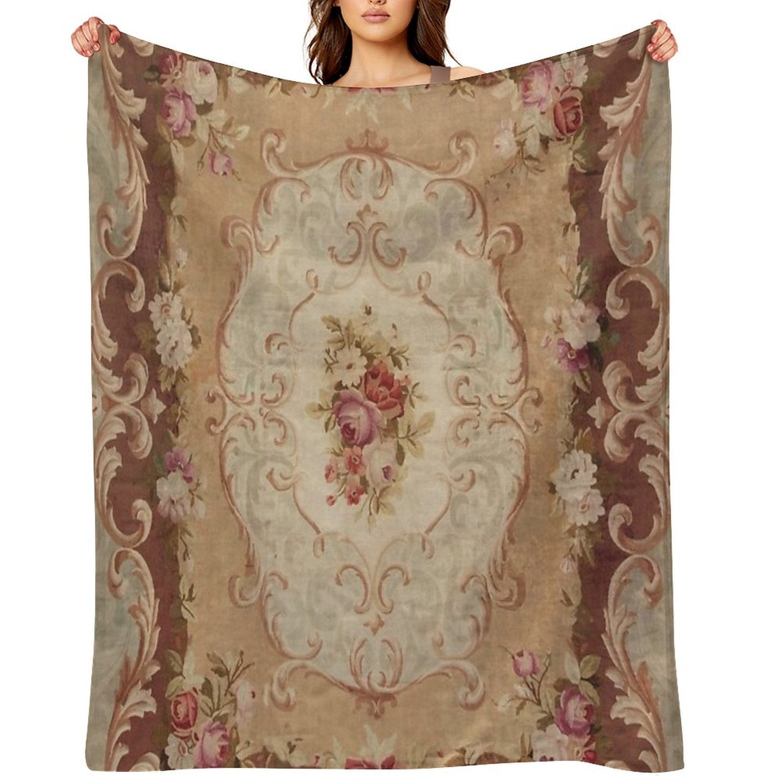 Antique Rose Floral French Aubusson Rug Print Premium Throw Blanket
