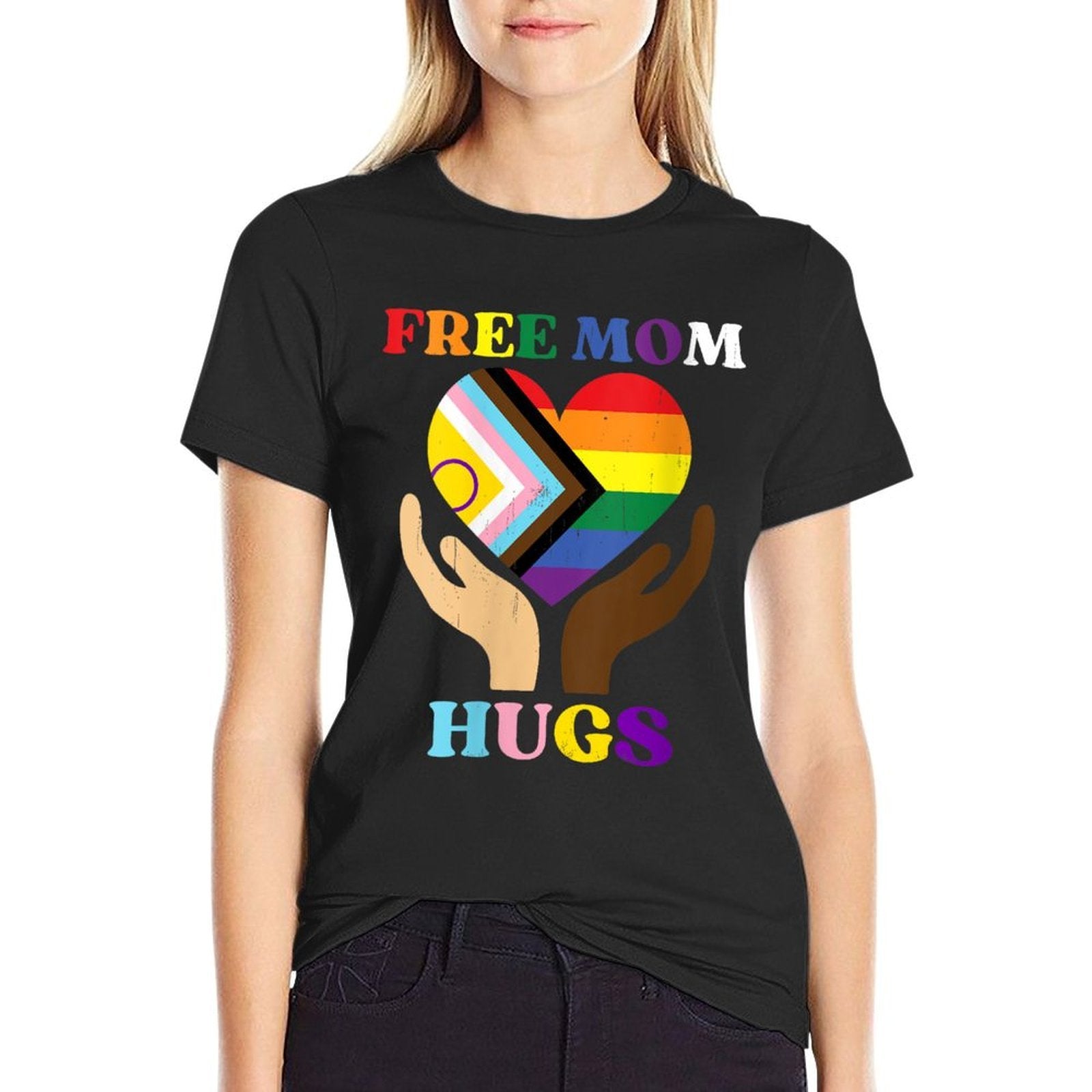 Womens Vintage Retro Free Mom Hugs Supports LGBTQ+ Gay Pride Month  Soft T-Shirt
