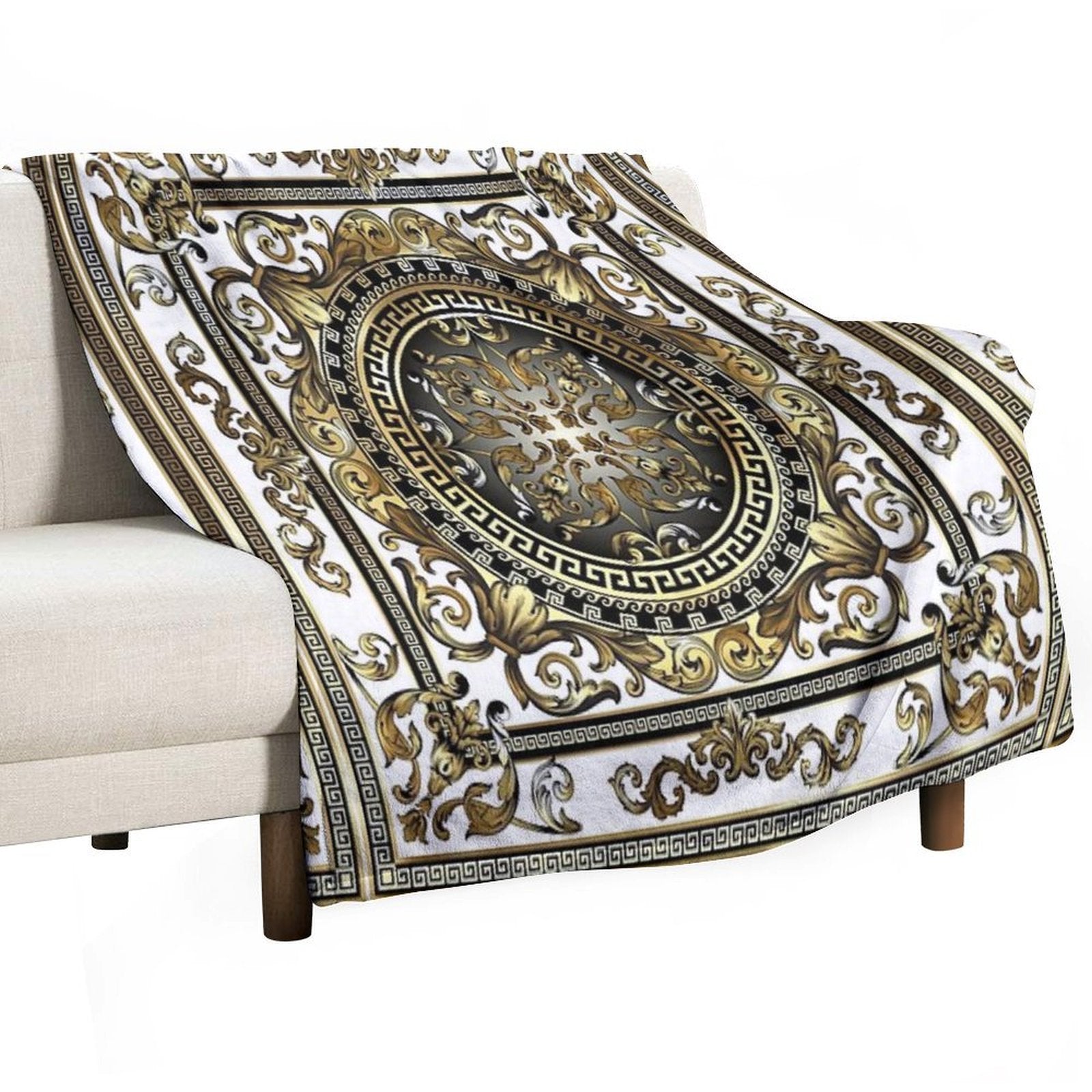 Ornate Baroque White Gold Black Greek Keys Gift-ready Throw Blanket