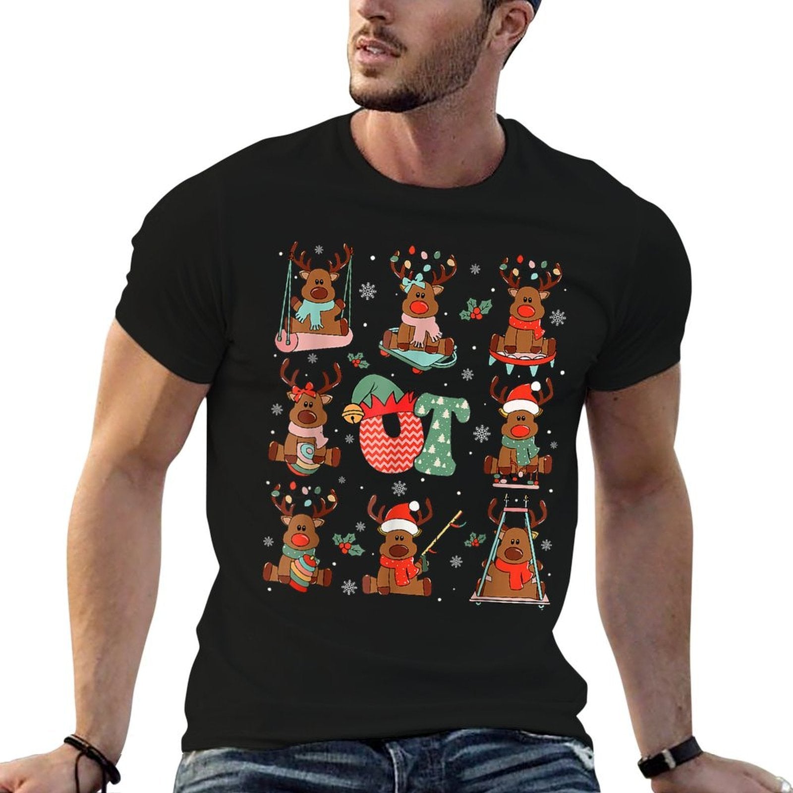 Occupational Therapy Christmas Reindeers OT OTA Retro  High-quality Stitching T-Shirt