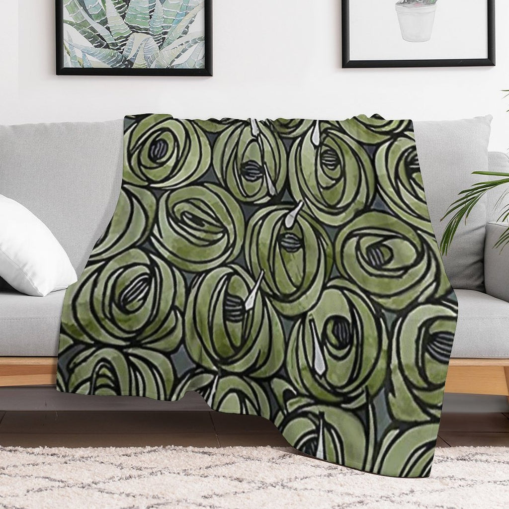 Charles Rennie Mackintosh - Roses  Teardrops, Olive Green Plush Throw Blanket