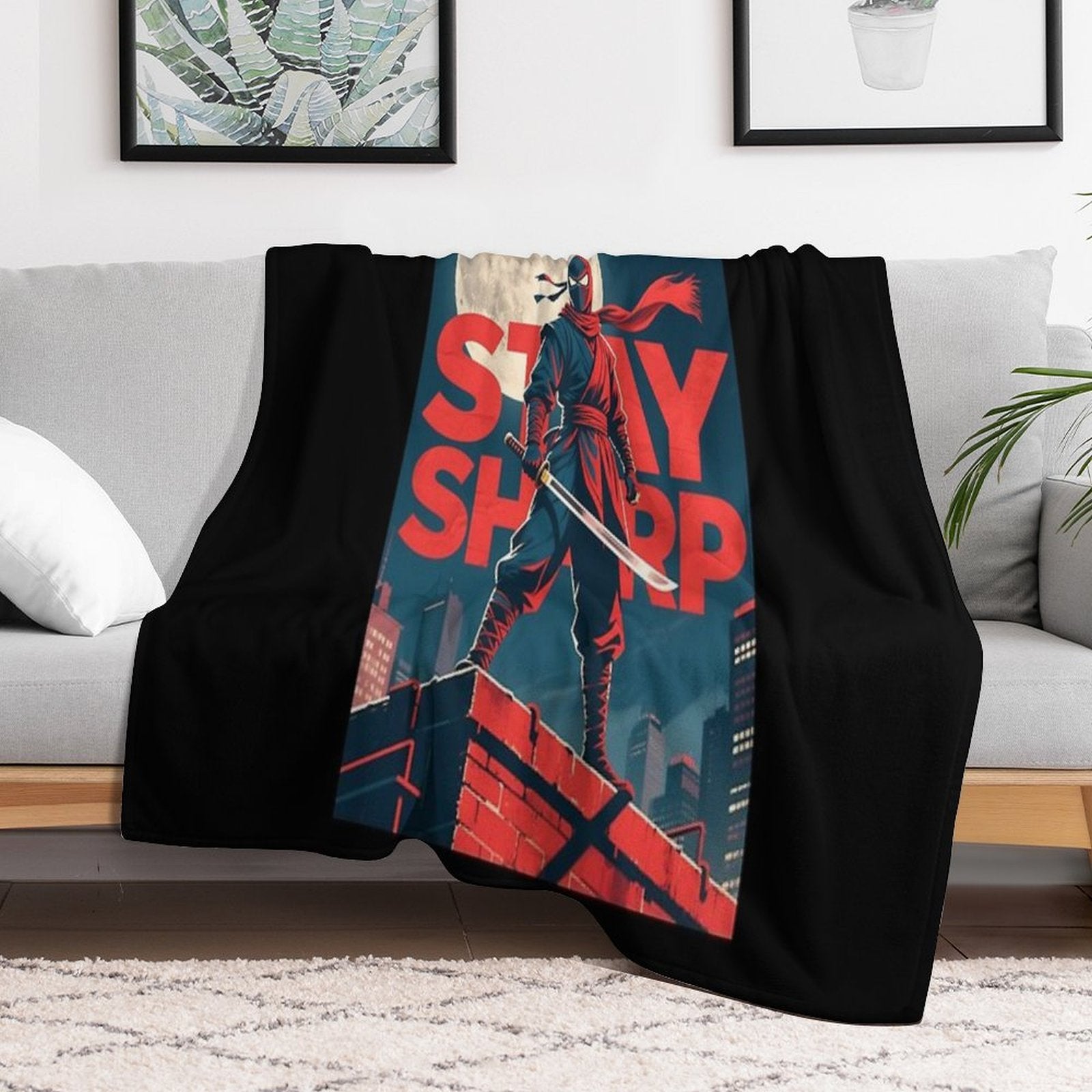 Stay Sharp – Retro Ninja in Hope-Style Urban Scene Anti-pilling Throw Blanket