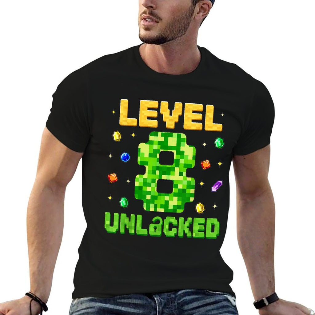 Funny Level 8 Unlocked 8th Birthday Gamer Pixel  Fade-proof Color T-Shirt