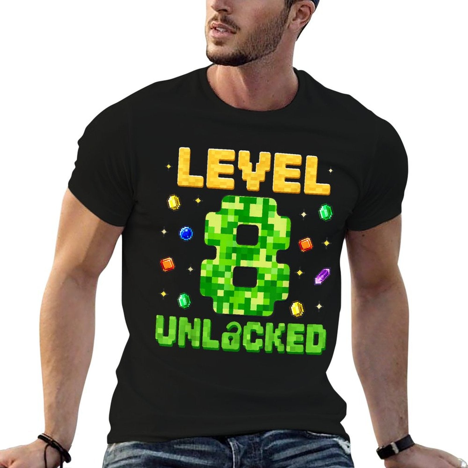 Funny Level 8 Unlocked 8th Birthday Gamer Pixel  Fade-proof Color T-Shirt