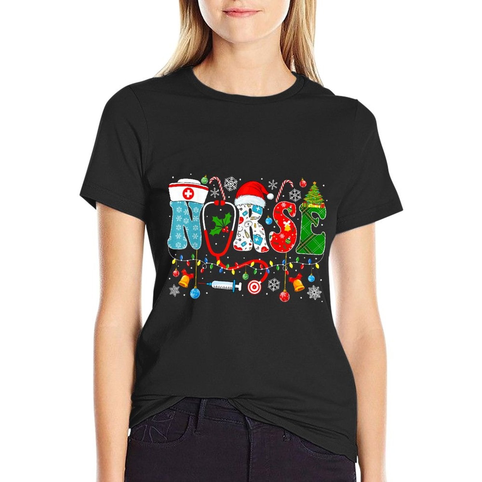 Christmas Nurse Santa Xmas Nursing Pajamas Unisex-Adults Unisex-Kids Black Small Winter Christmas Nurse Santa RN  High-quality Stitching T-Shirt