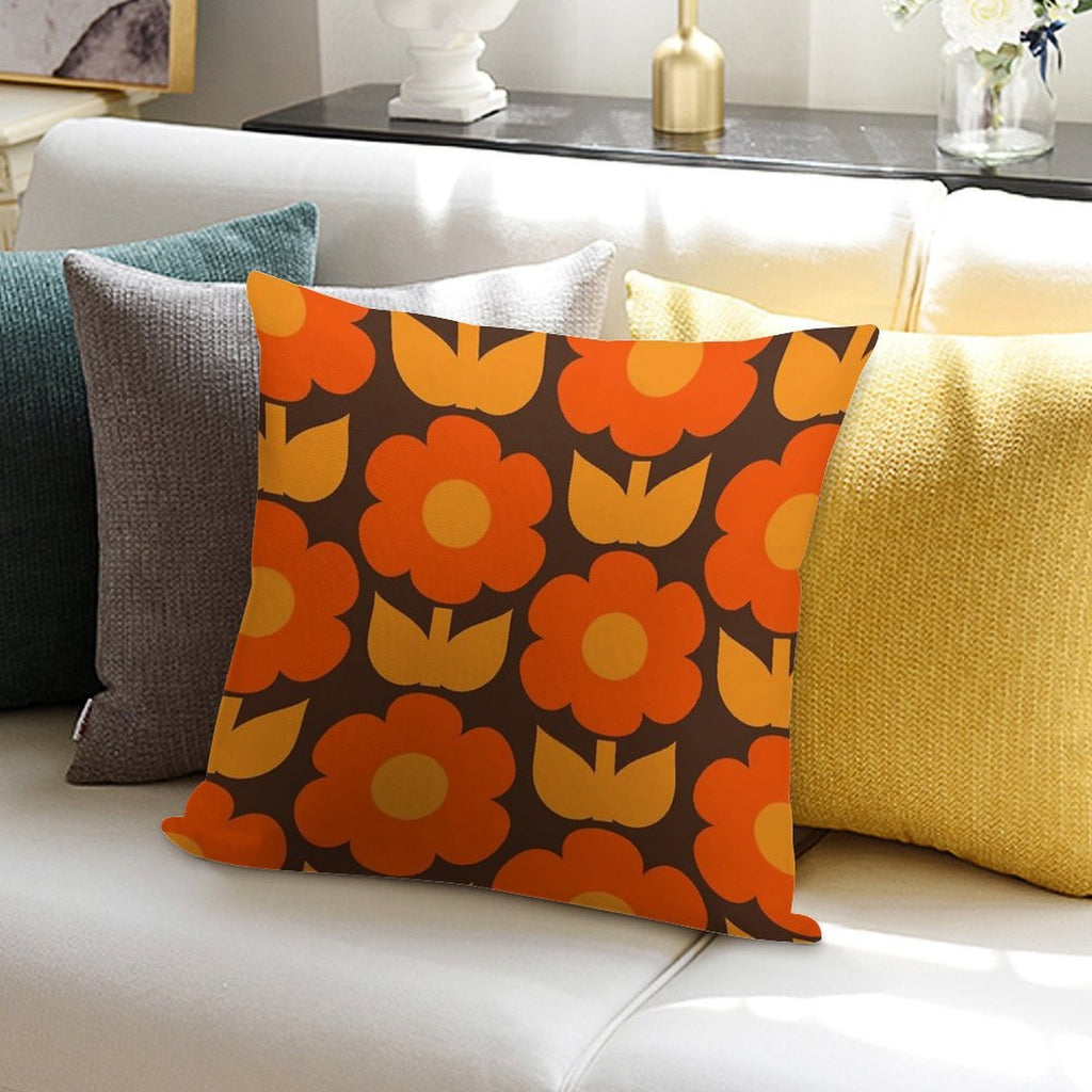 Jonnty Flowers Retro Floral Pattern in 70s Brown And Orange Soft Home Decor Throw Pillow