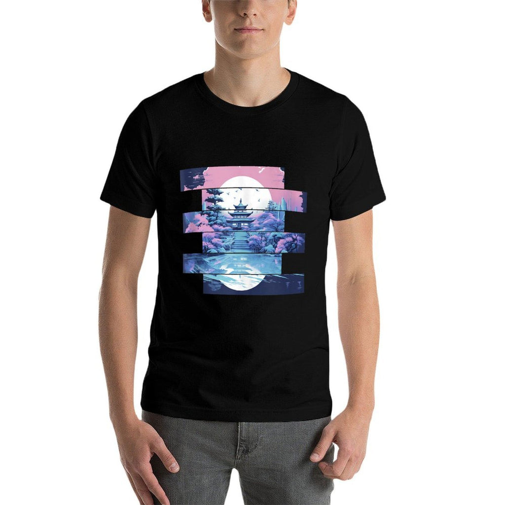 Serenity in Stripes Tranquil Temple at Twilight  Tagless Design T-Shirt