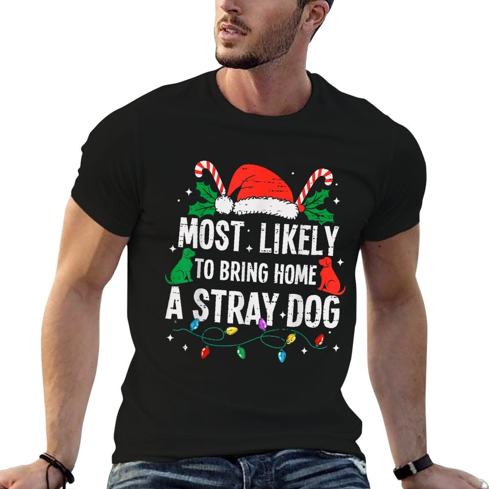 Most Likely To Bring Home A Stray Dog Christmas Funny Xmas  Trendy Pattern T-Shirt