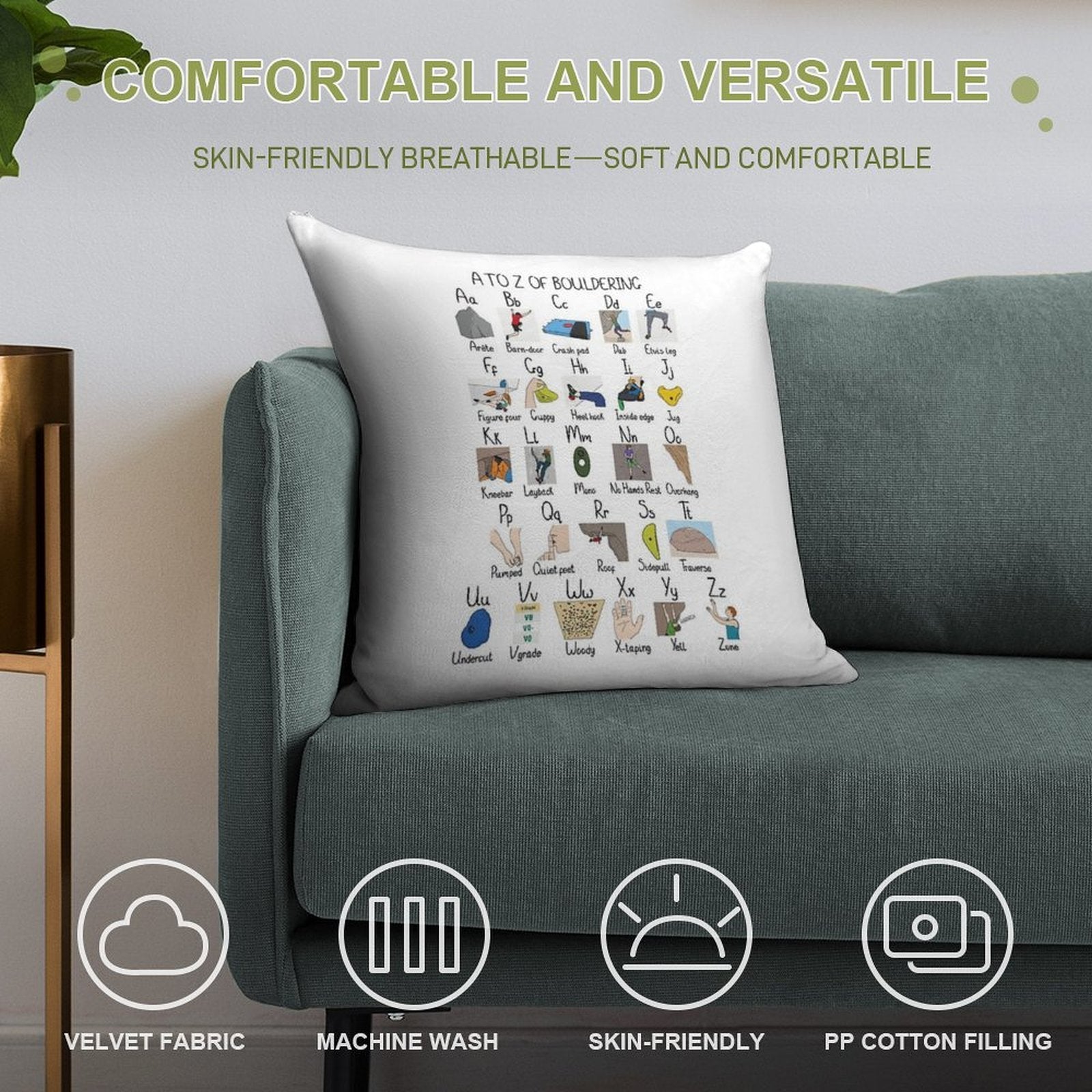 A to Z of Bouldering Soft Home Decor Throw Pillow