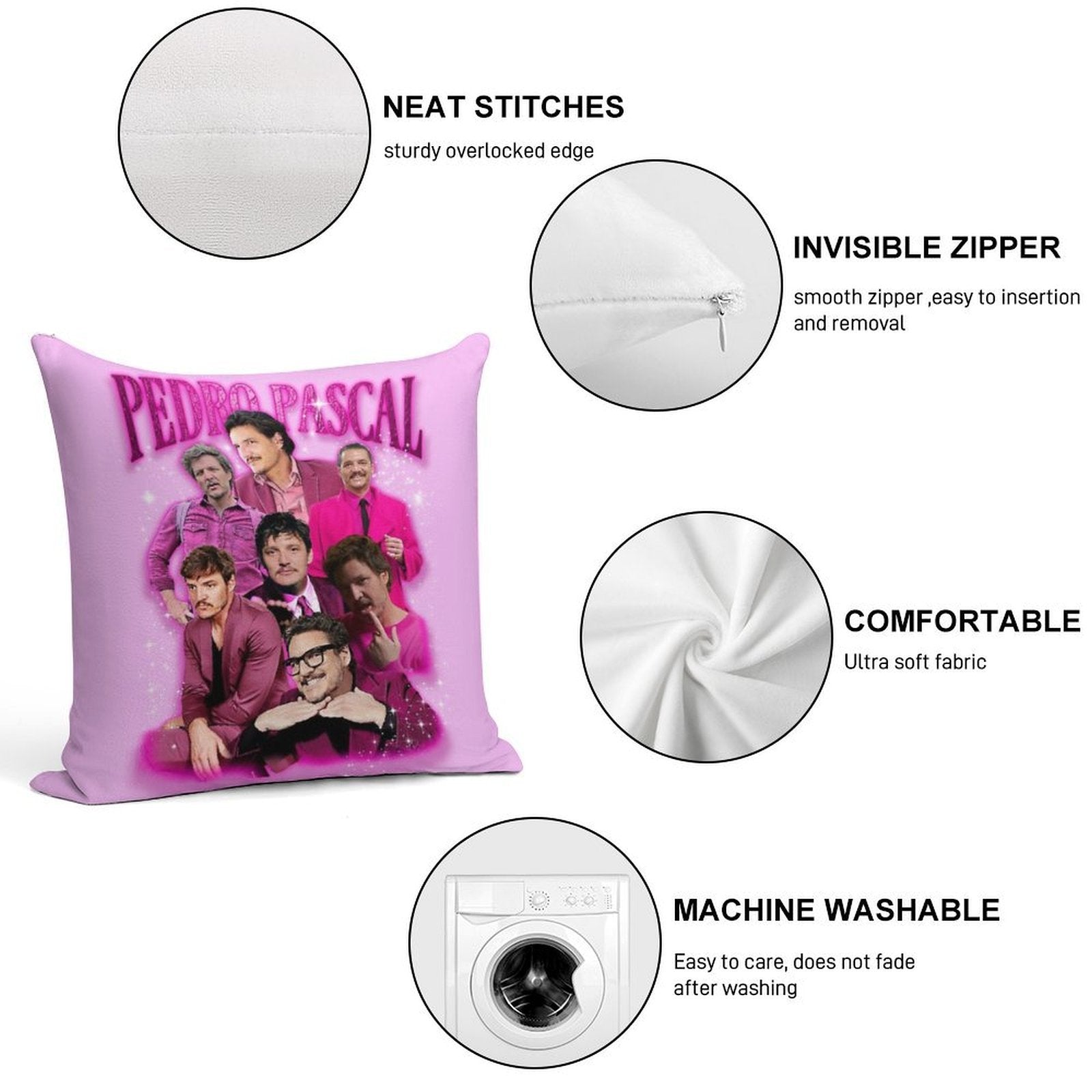 Pedro Pascal in Pink Soft Hidden Zipper Throw Pillow