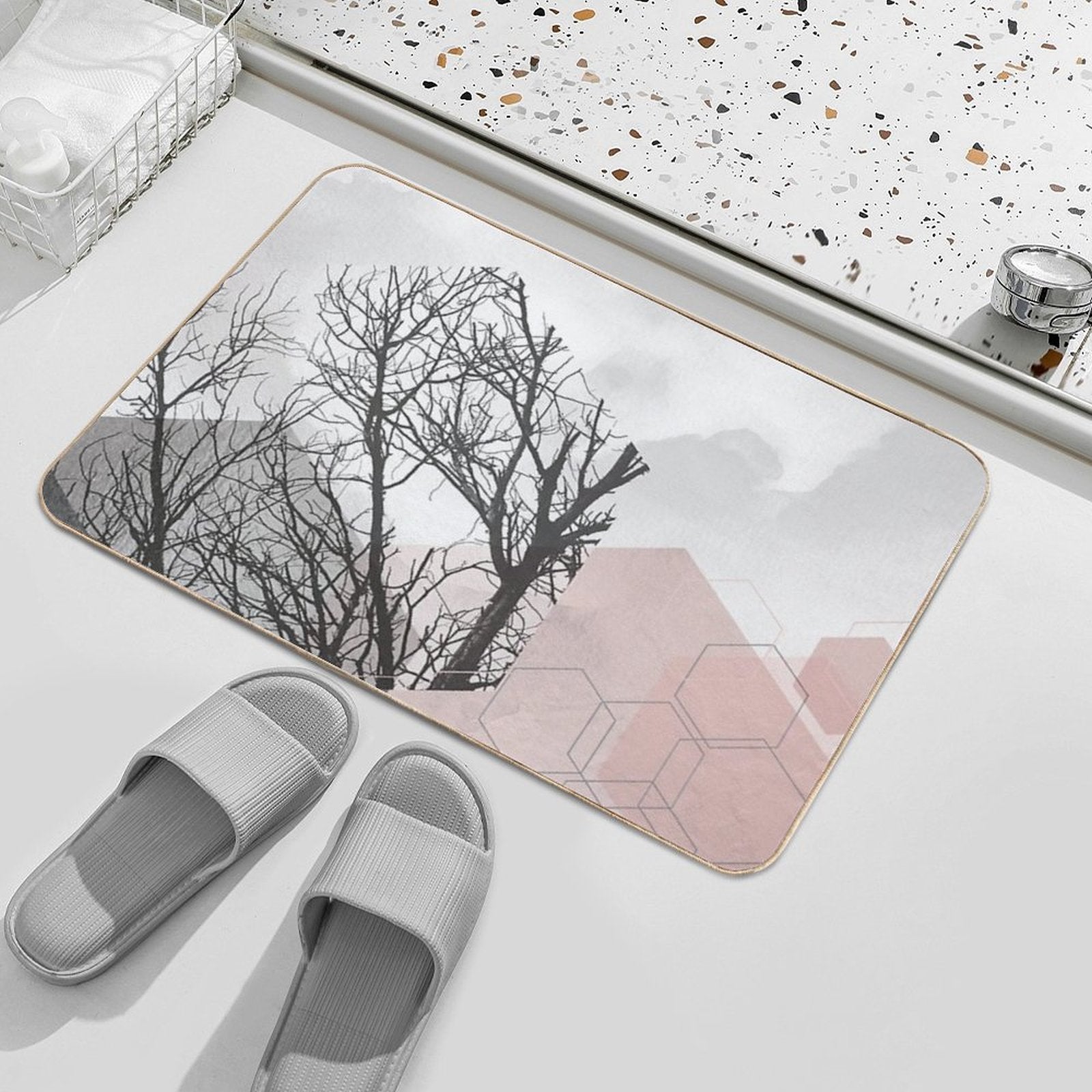 Pink And Grey Hexagon Art II  Non-Slip Bath Mat