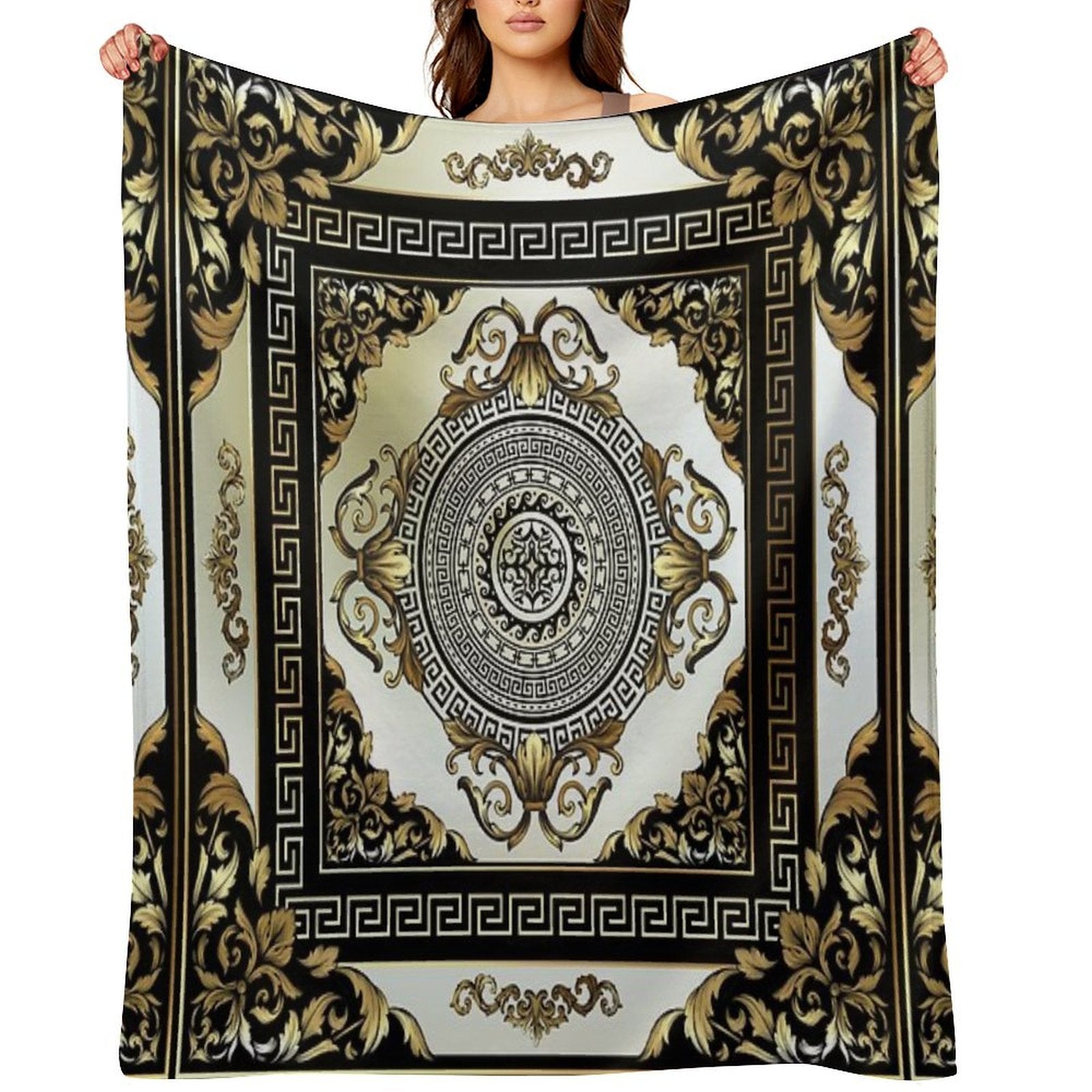 Ornate Baroque Cream Gold Black Greek Key 2 Anti-pilling Throw Blanket